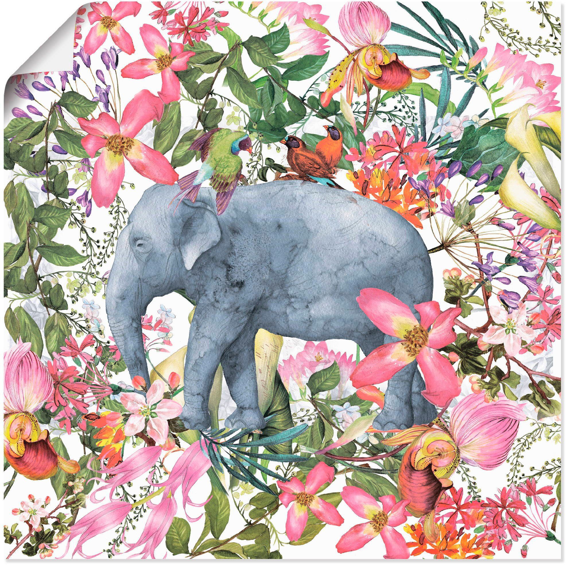 Artland Artprint Olifant in bloemen jungle als artprint op linnen, poster in verschillende formaten maten foto schilderijen maat 40 cm x 40 cm roze