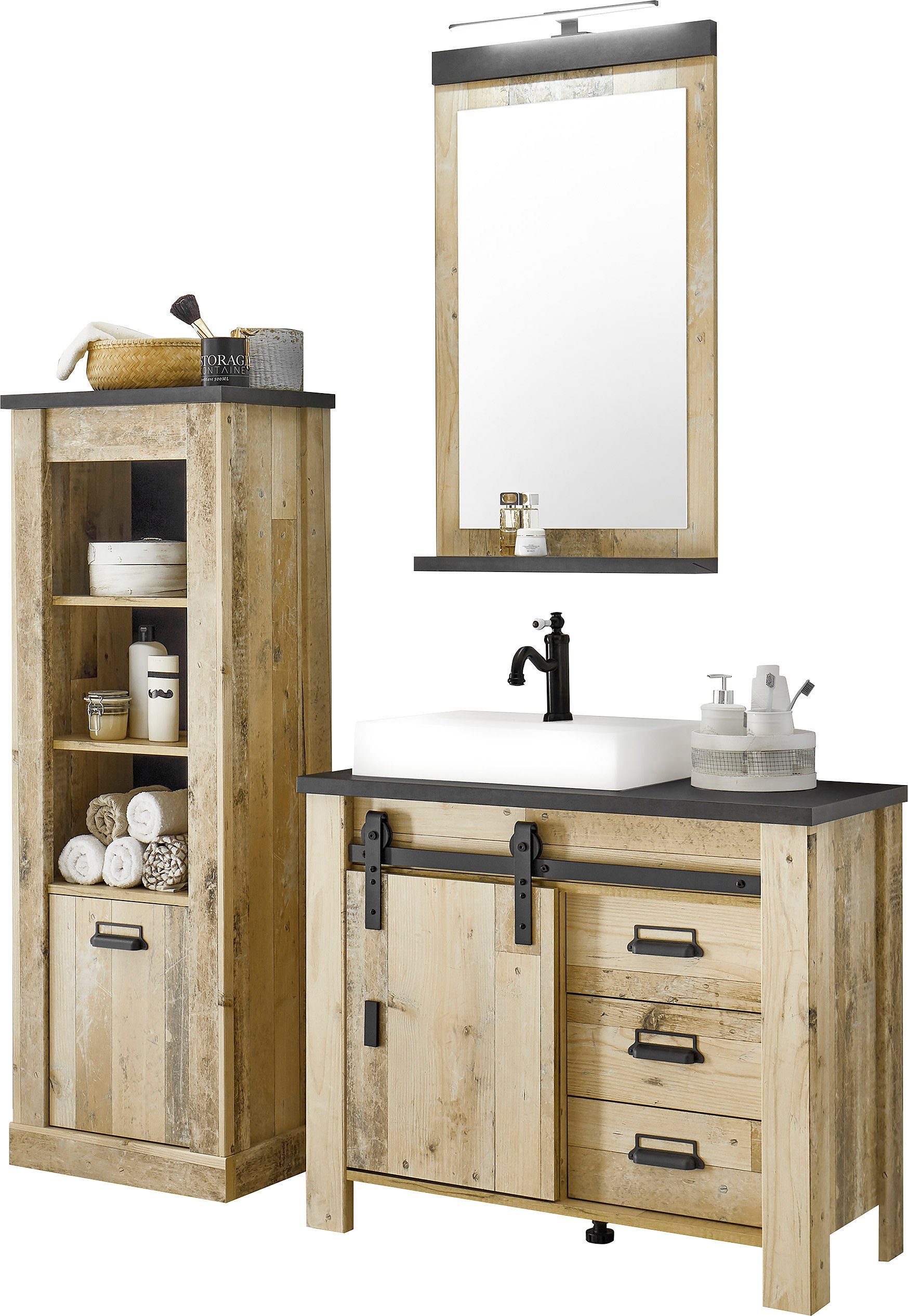 Home affaire Badkamerserie Sherwood in houtdecor, met schuurdeurbeslag en apothekersgrepen van metaal (3-delig)