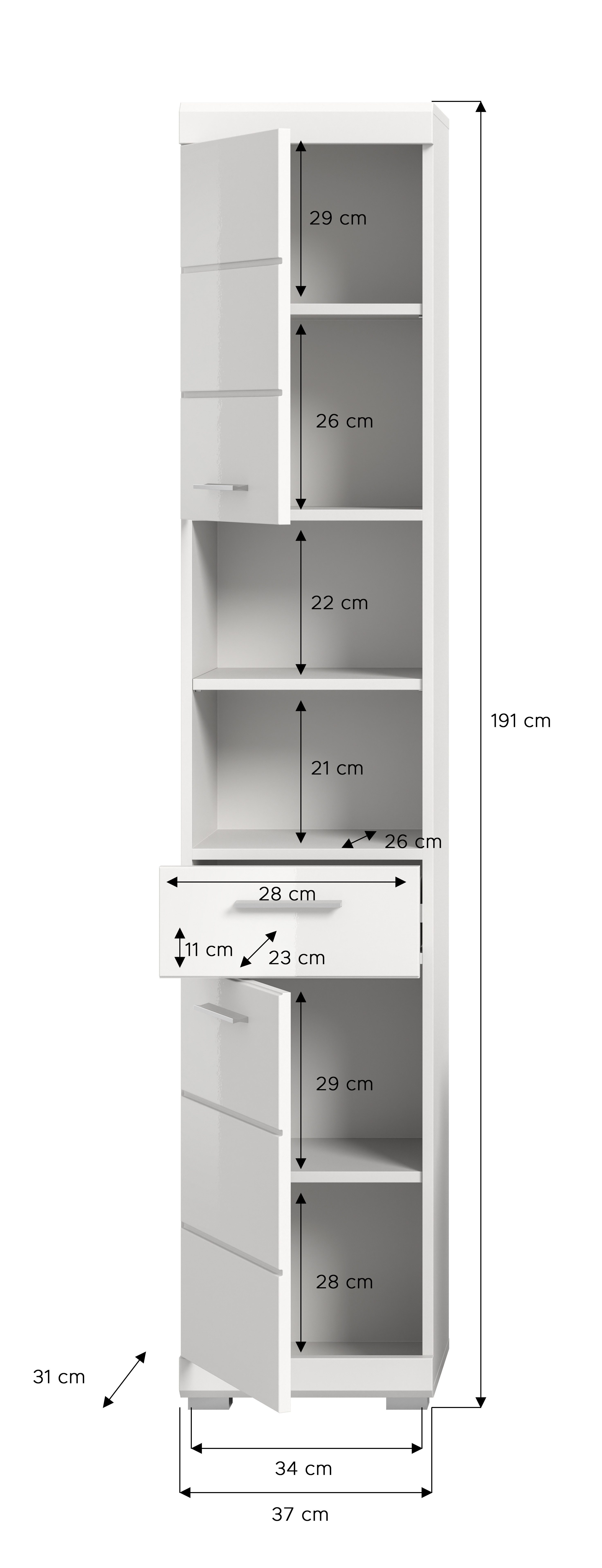 INOSIGN Hoge kast Siena, breedte 37 cm, 2 deuren, 1 lade, 2 open vakken, MDF-front in verschillende kleuren verkrijgbaar, badkamermeubels, badkamerkast, kast, badkamer (1 stuk)