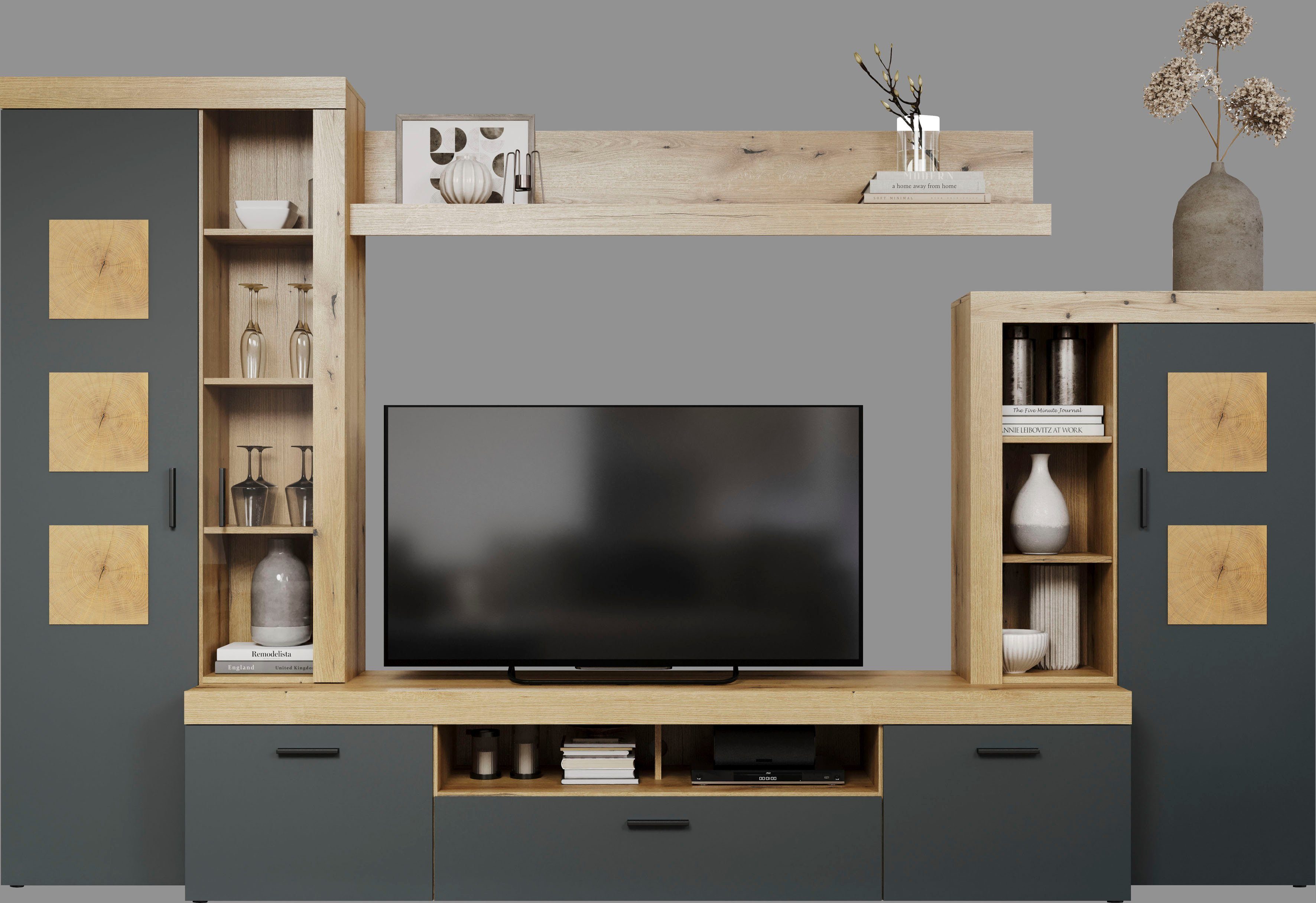Home affaire Wandmeubel Gent Met applicaties van kopshout - gemonteerd (bxdxh): 331x52x206 cm (complete set, 4-delig)