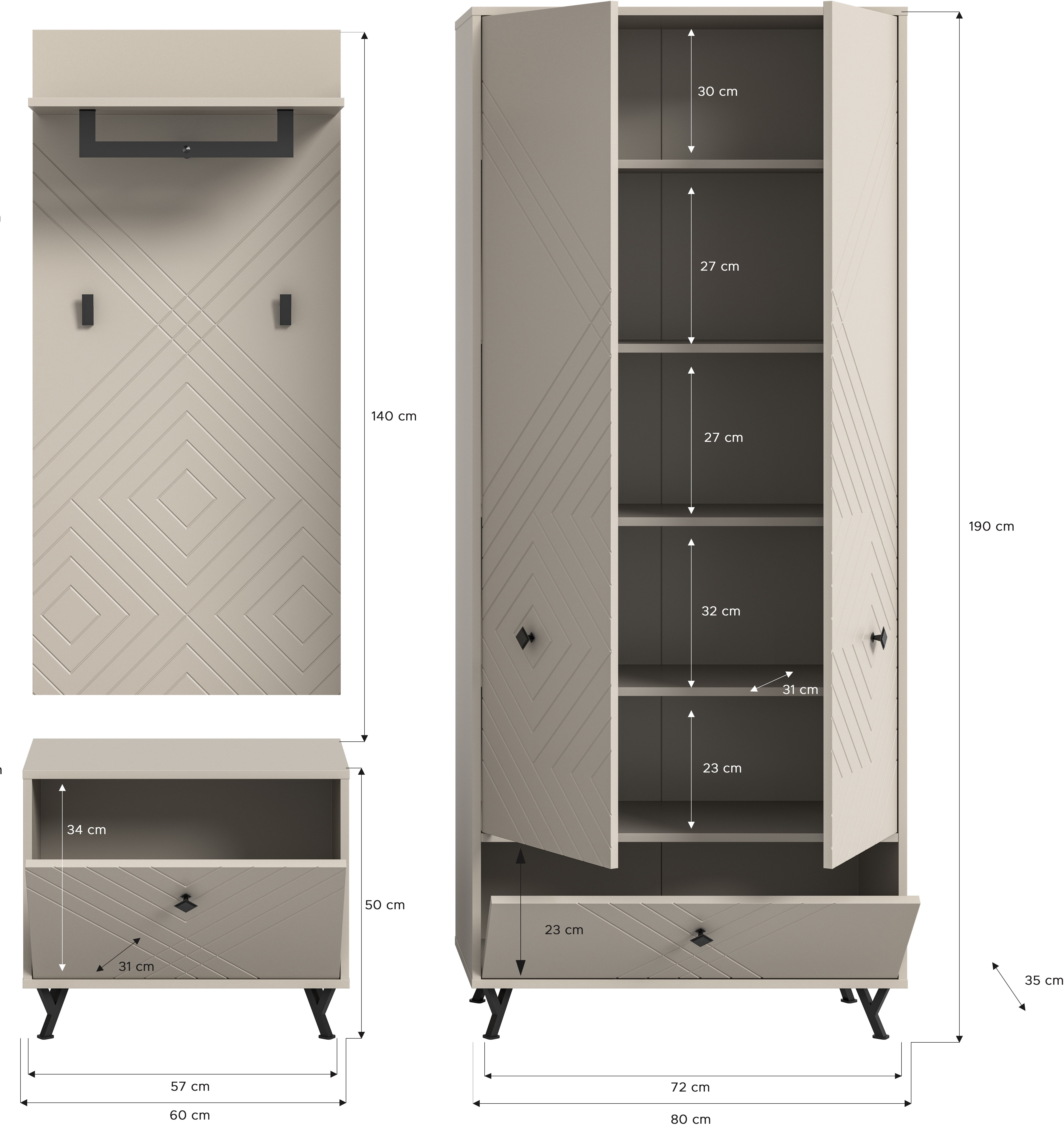 INOSIGN Halmeubelset Mento, 3-delig, ornamentfrezing in de front, bestaande uit: Zitbank, garderobenpaneel & garderobekast, metalen handgrepen & voeten (set, 3-delig)