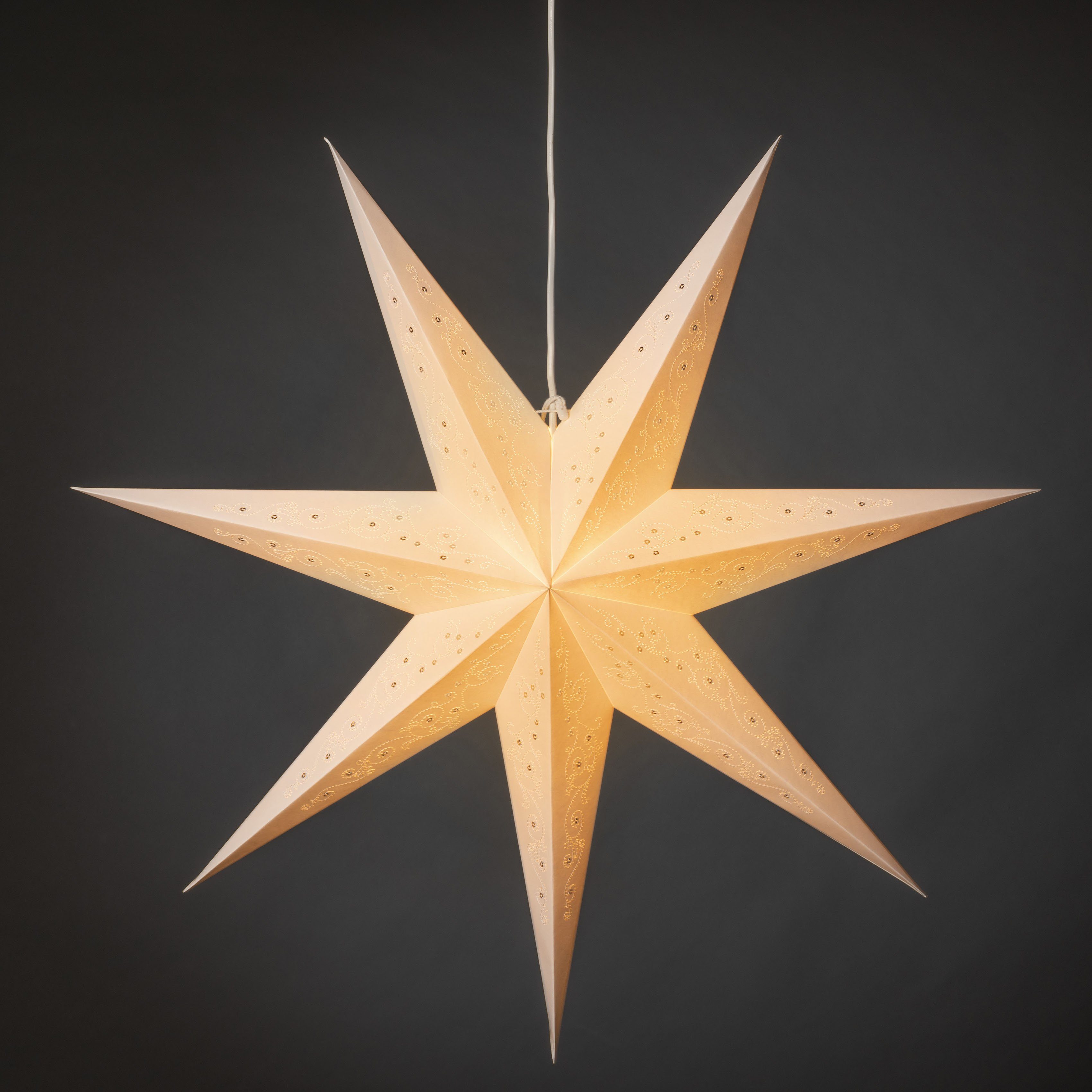 KONSTSMIDE Sierster Kerstster, kerstversiering witte papieren ster, led ster, geborduurde witte motief, 7 punten (1 stuk)
