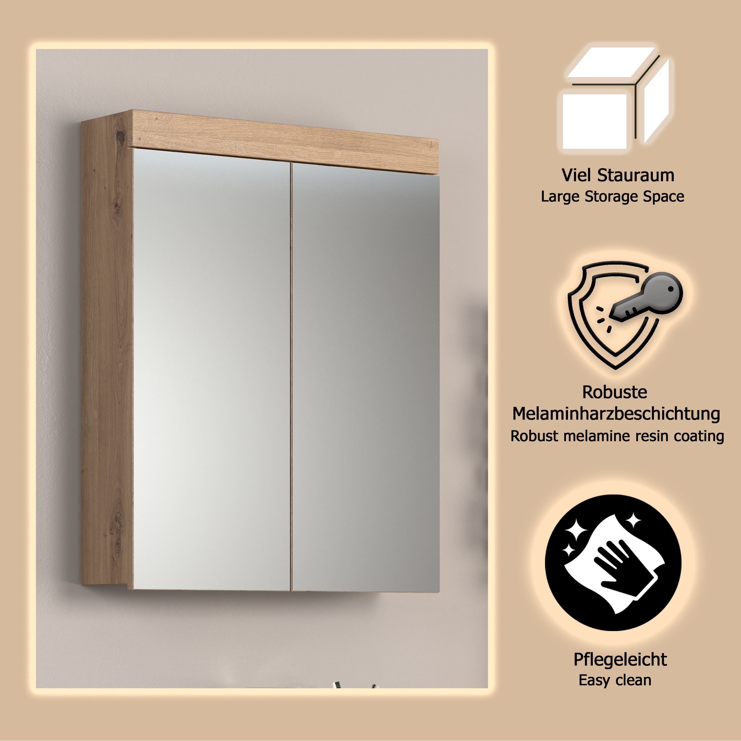 welltime Spiegelkast Avena Badkamerkast naar keuze met opzetlamp - (B/D/H) 60/17/77 cm