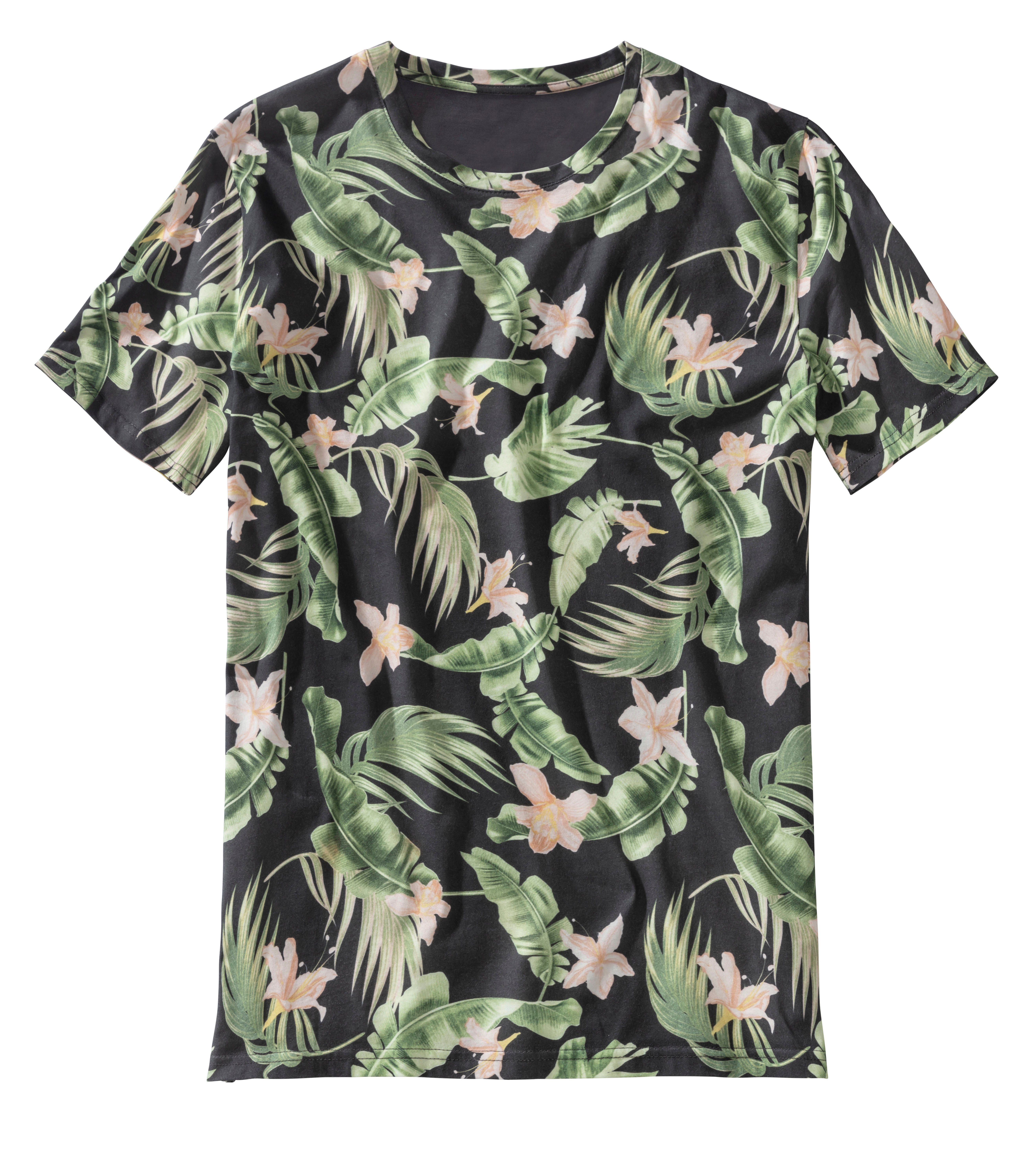 Beachtime T-shirt Regular fit Korte mouwen, vrijetijdsshirt met ronde hals, palmprint, 100% katoen