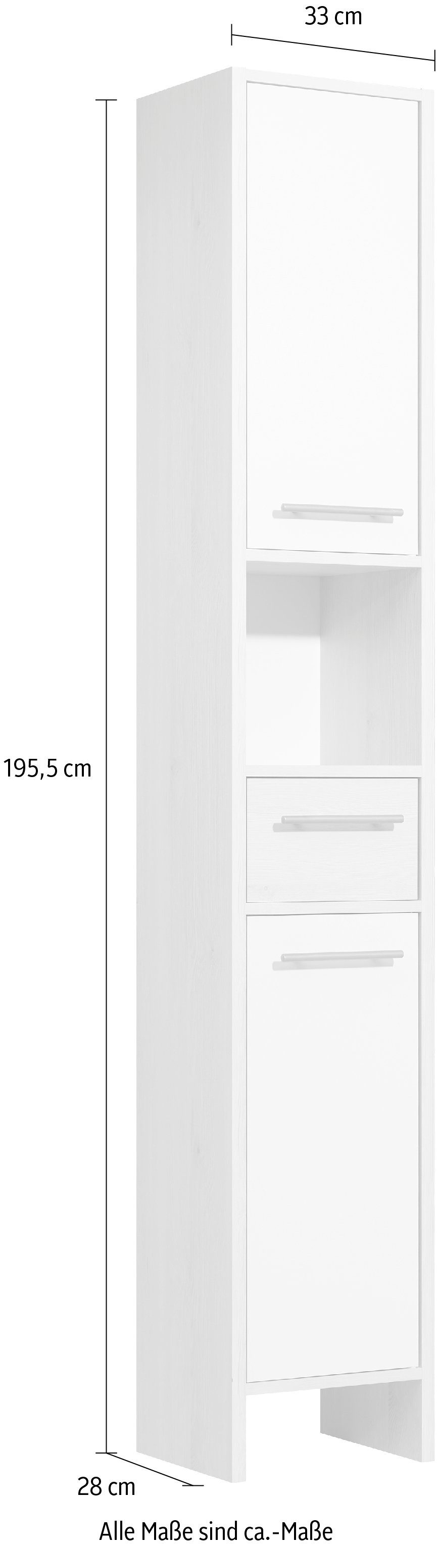 Saphir Hoge kast Quickset 350 Badkamermeubel 33 cm breed, 2 deuren, 1 lade, 1 nis Badkamer hoge kast, licht dennenhout Ida, handgrepen in aluminiumkleur (1 stuk)