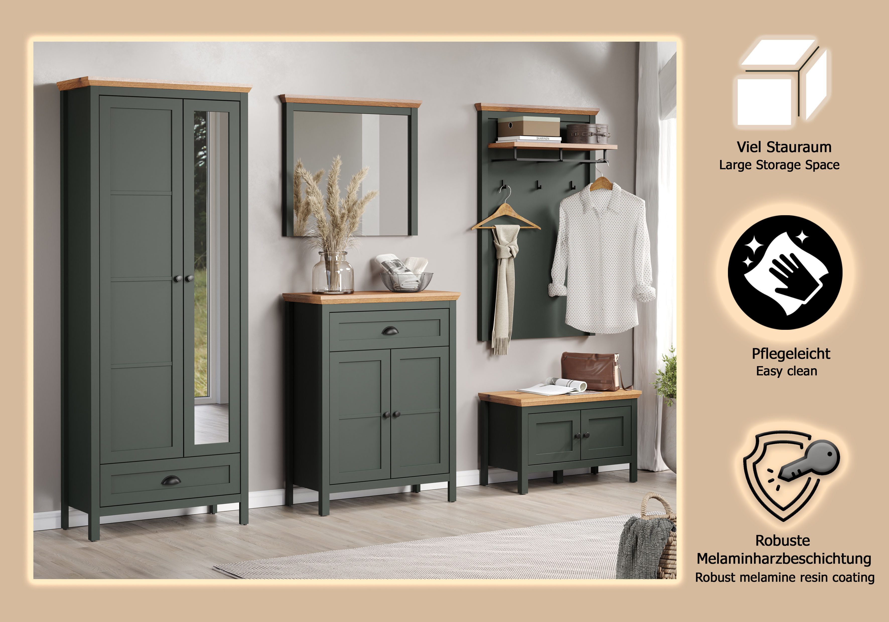 Home affaire Halmeubelset Vienna Set bestaande uit: kast, commode, schoenenbank, spiegel en paneel (5 stuks)
