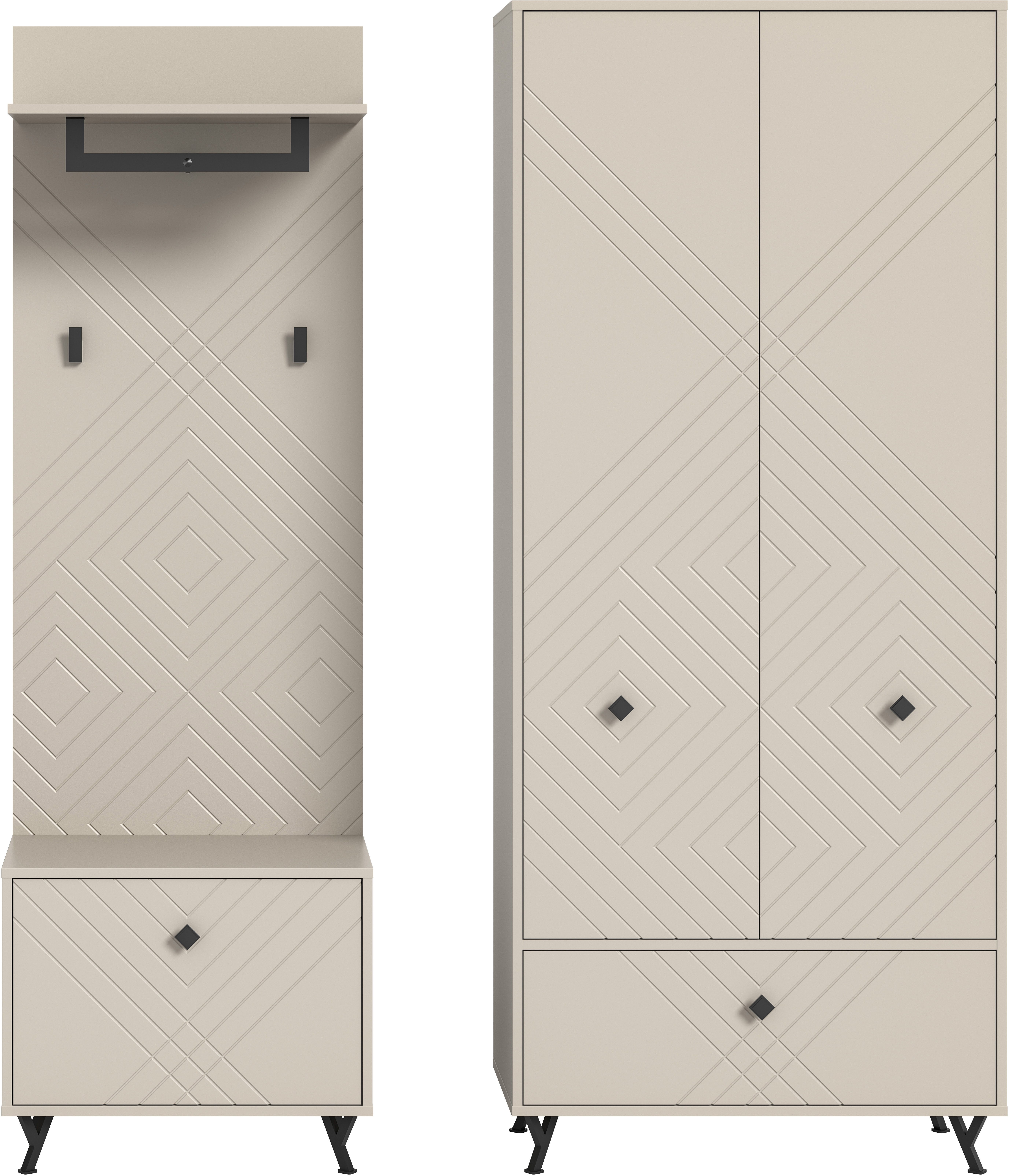 INOSIGN Halmeubelset Mento, 3-delig, ornamentfrezing in de front, bestaande uit: Zitbank, garderobenpaneel & garderobekast, metalen handgrepen & voeten (set, 3-delig)