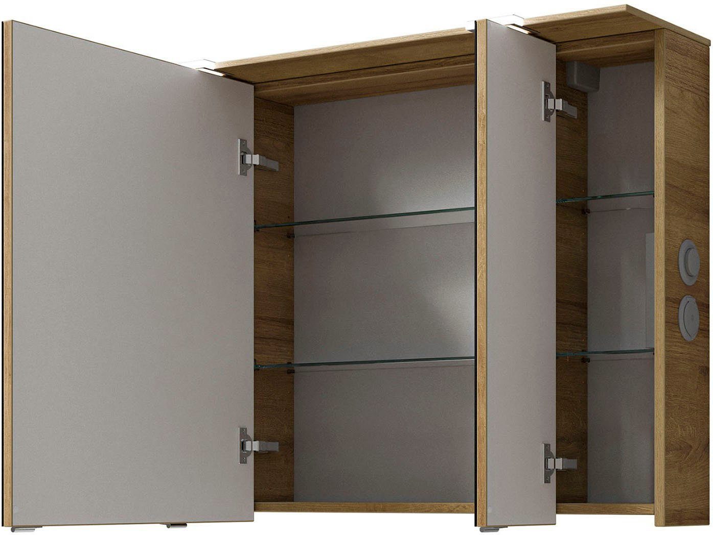 Saphir Badkamerserie Serie 6025 2-delig, mineraalmarmeren wastafel met led-spiegelkast Wastafelmeubel 97 cm breed, 2 laden, 3 spiegeldeuren, incl. deurdemper (2-delig)