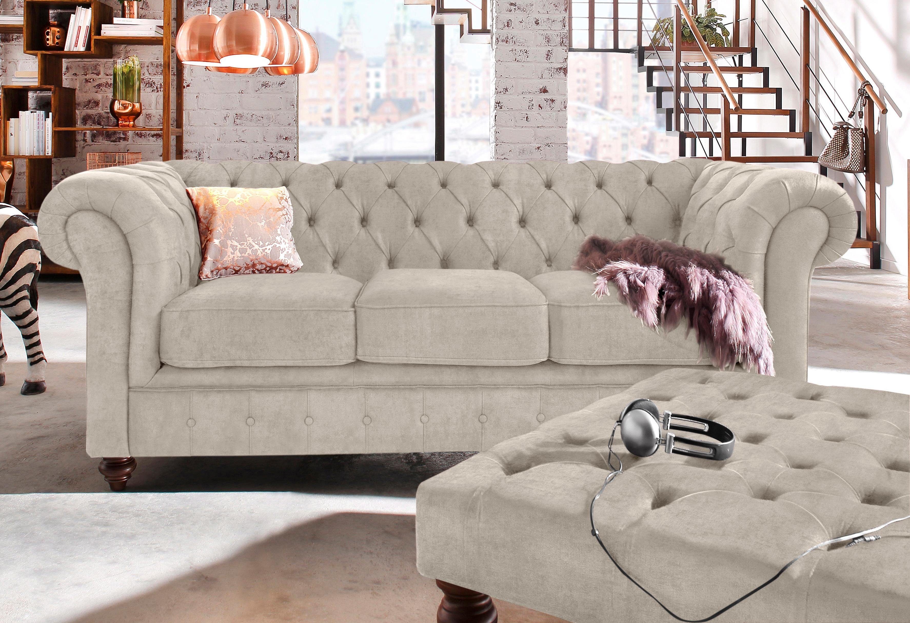 Home affaire Chesterfield-bank Chesterfield 3-zits B/D/H: 198/89/74 cm met hoogwaardige knoopdetails, ook in leer