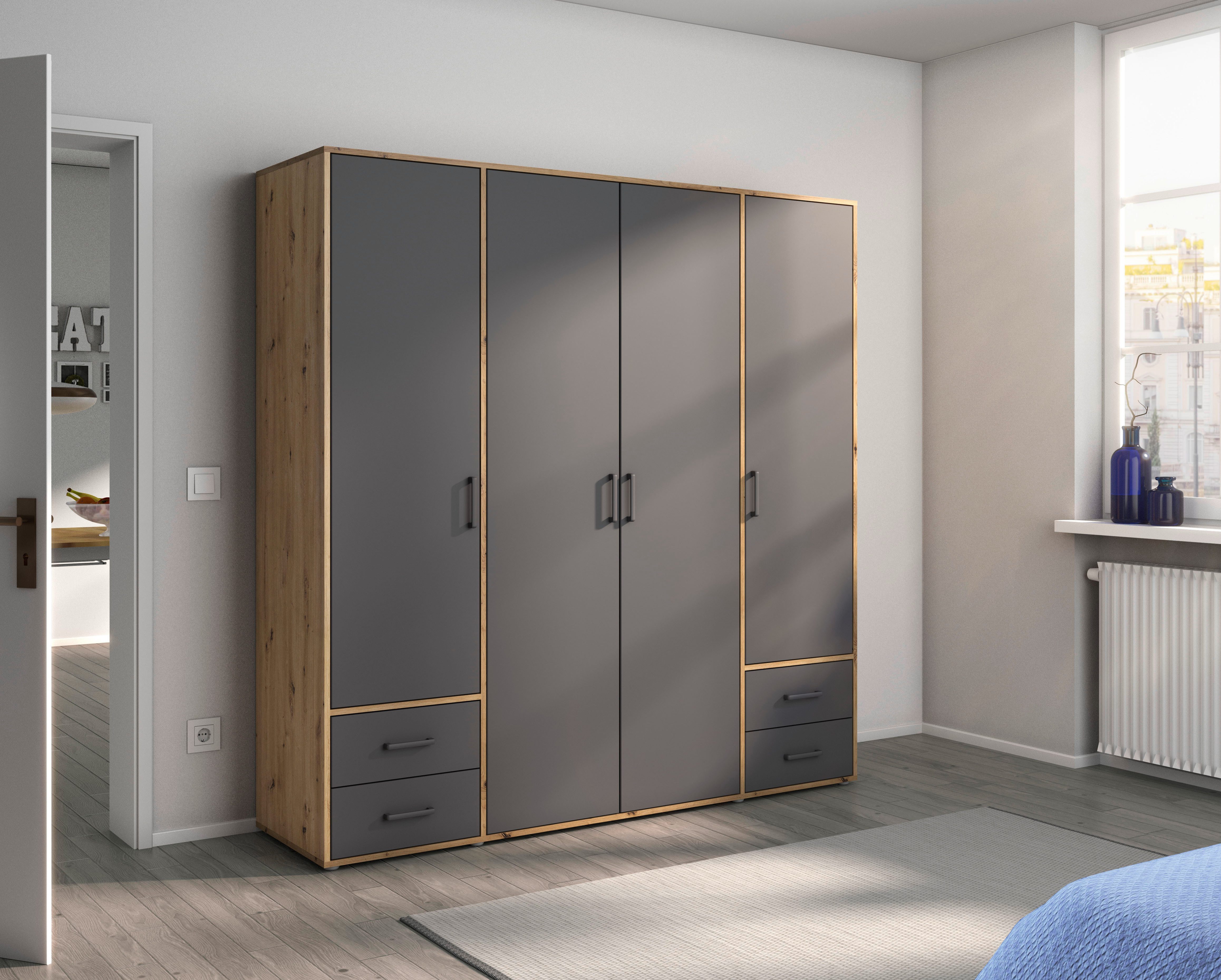 rauch Draaideurkast Kledingkast kast garderobe linnenkast VOYAGER moderne grepen in grijs metallic met buitenlades made in germany
