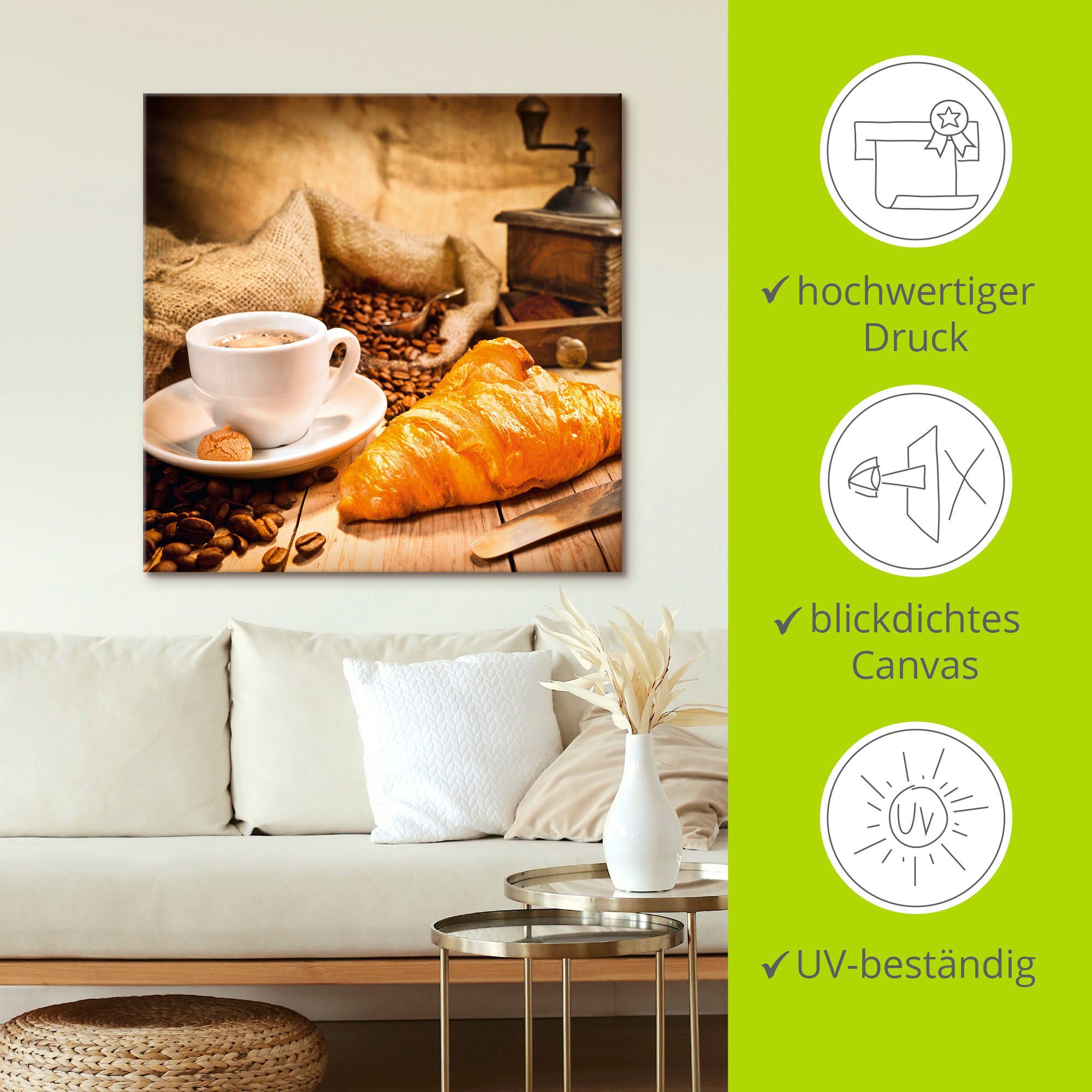 Artland Artprint Koffiekopje met croissant als artprint op linnen, poster in verschillende formaten maten