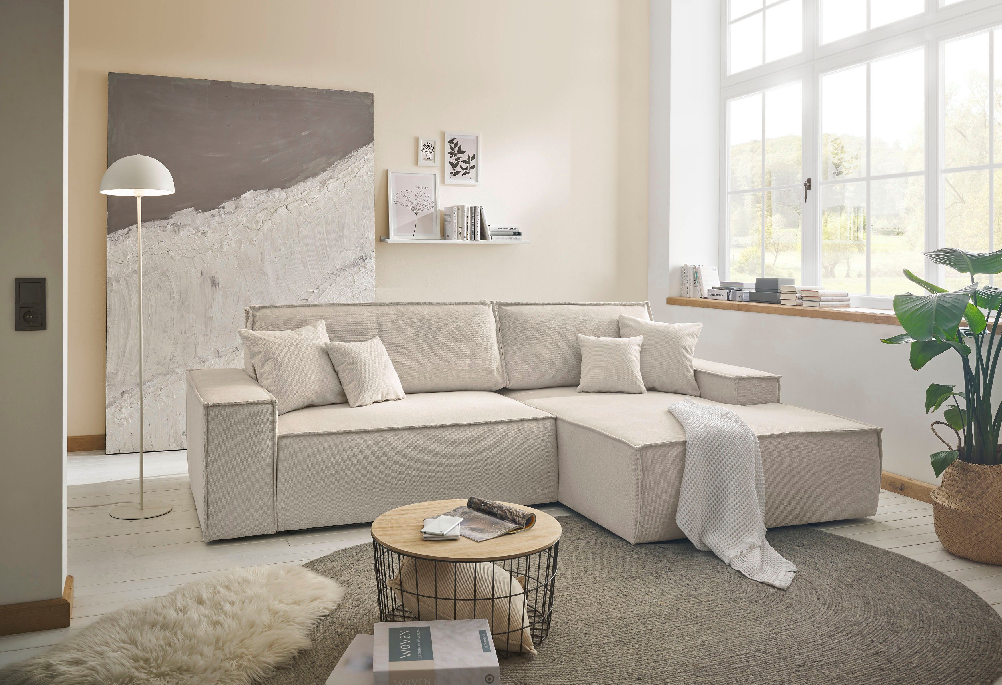 andas Hoekbank Finnley slaapbank 267 cm in Bouclé, fijne structuur en cord, L-vorm