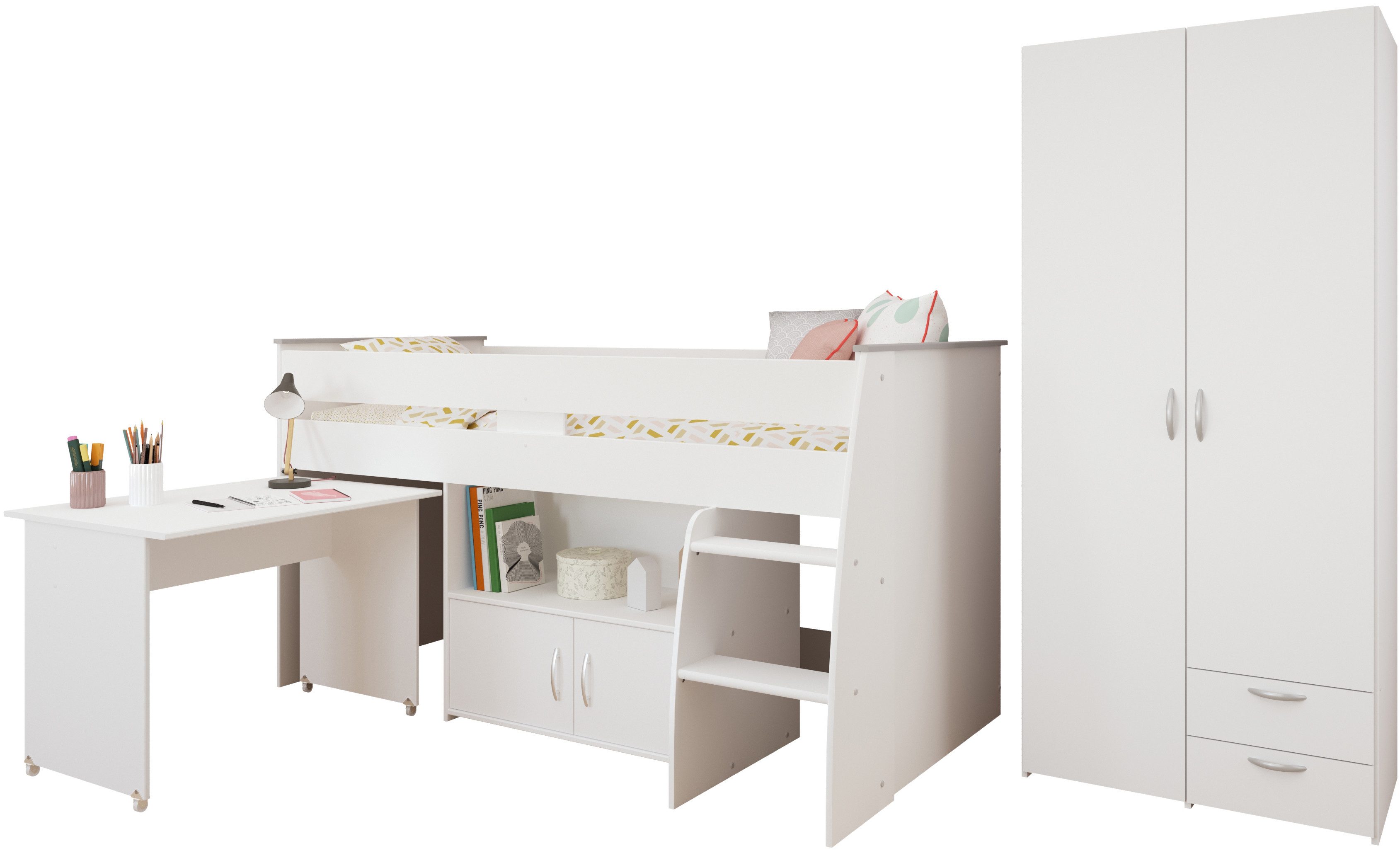 Parisot Tienerkamerset Reverse 12 veel opbergruimte, ruimtebesparend, bureau en commode geïntegreerd (2-delig) complete kinderkamers wit