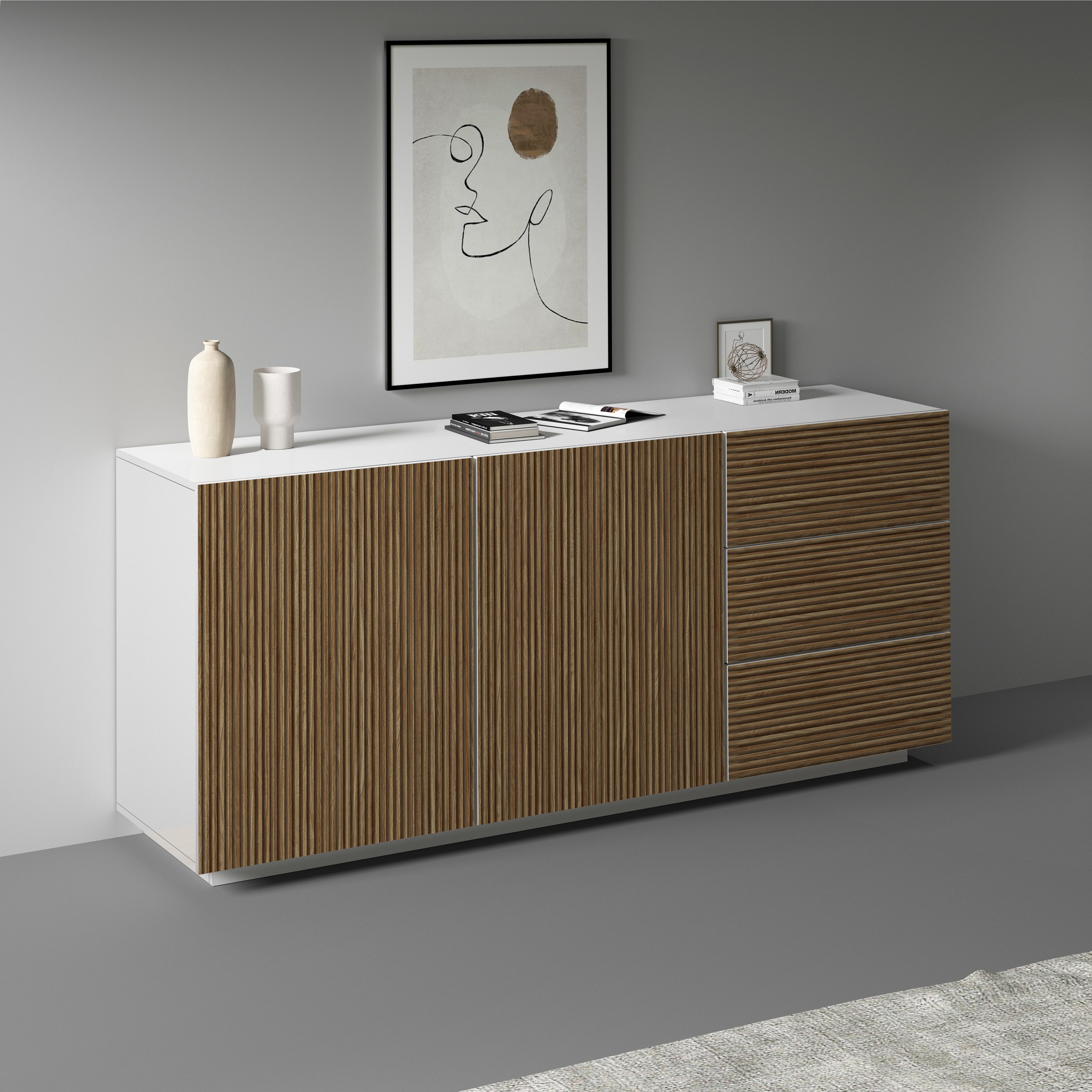 INOSIGN Dressoir Vega Sideboard, Ladekast, 180 cm met 2 deuren en 3 lades, fronten met groeflook