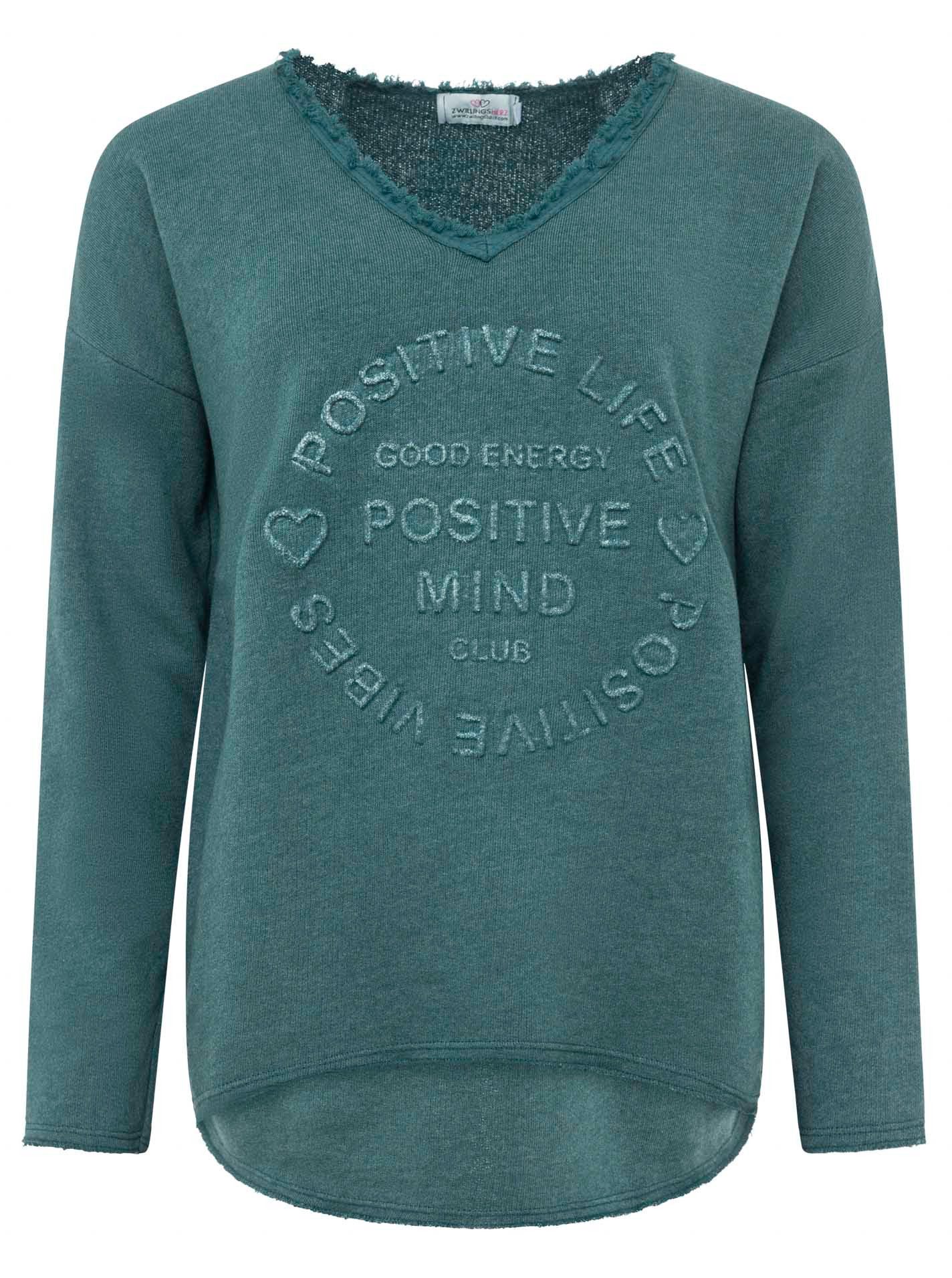 Zwillingsherz Sweatshirt "Positive Mind" met v-halslijn in used look en stempelprint