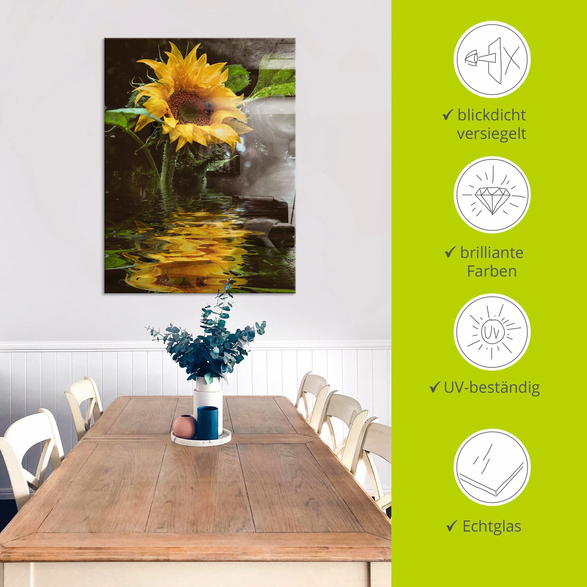 Artland Print op glas Zonnebloem met waterreflectie