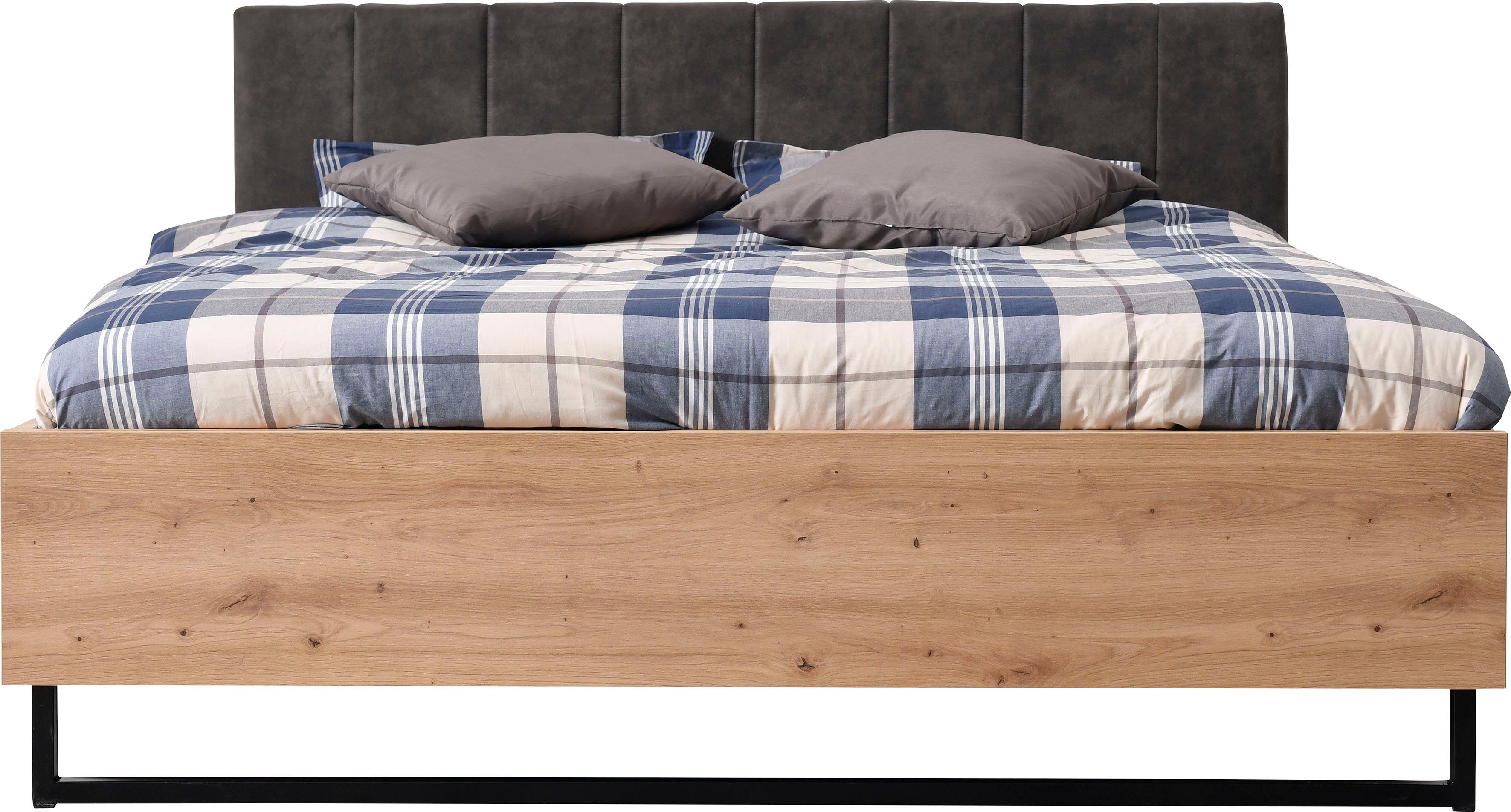 INOSIGN Bedframe Sardinië, FSC-gecertificeerd houtmateriaal met gepolsterde hoofdeinde, metalen voet in schaatsvorm, 160 of 180x200 cm