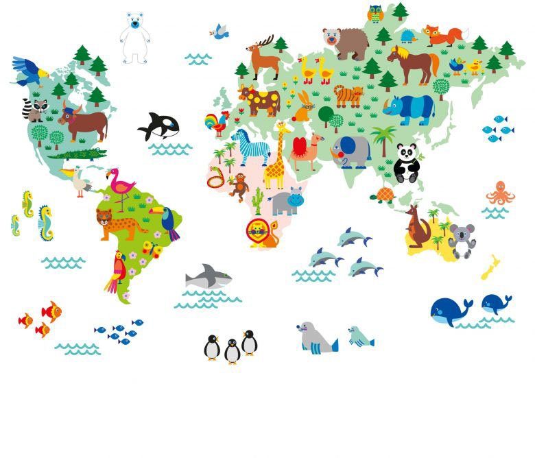 Wall-Art Wandfolie Kinderen dier wereld wereldkaart kleurrijk (1 stuk)