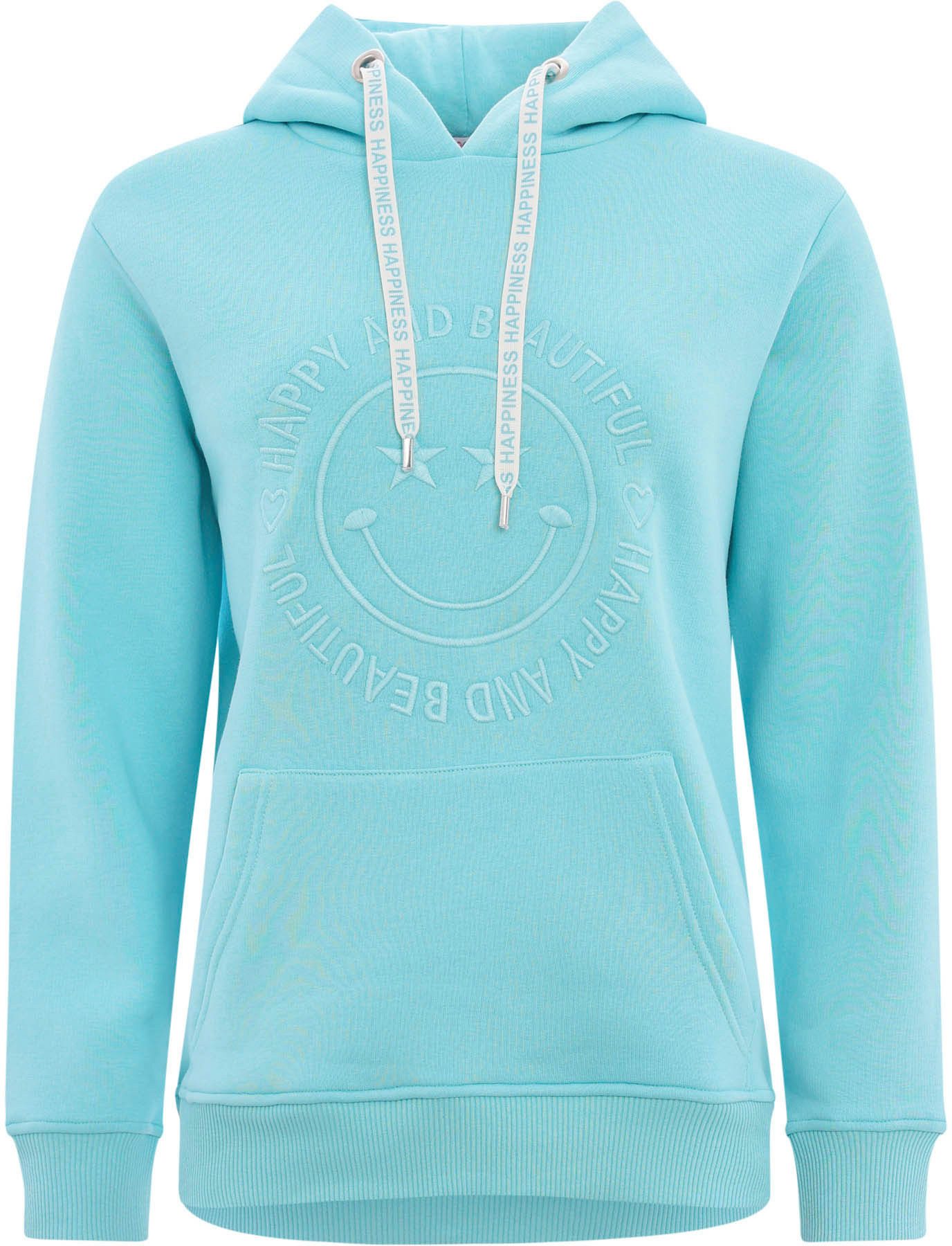 Zwillingsherz Hoodie Happy and Beautiful met gelijkkleurige smiley-borduursel en bindbanden met inscriptie