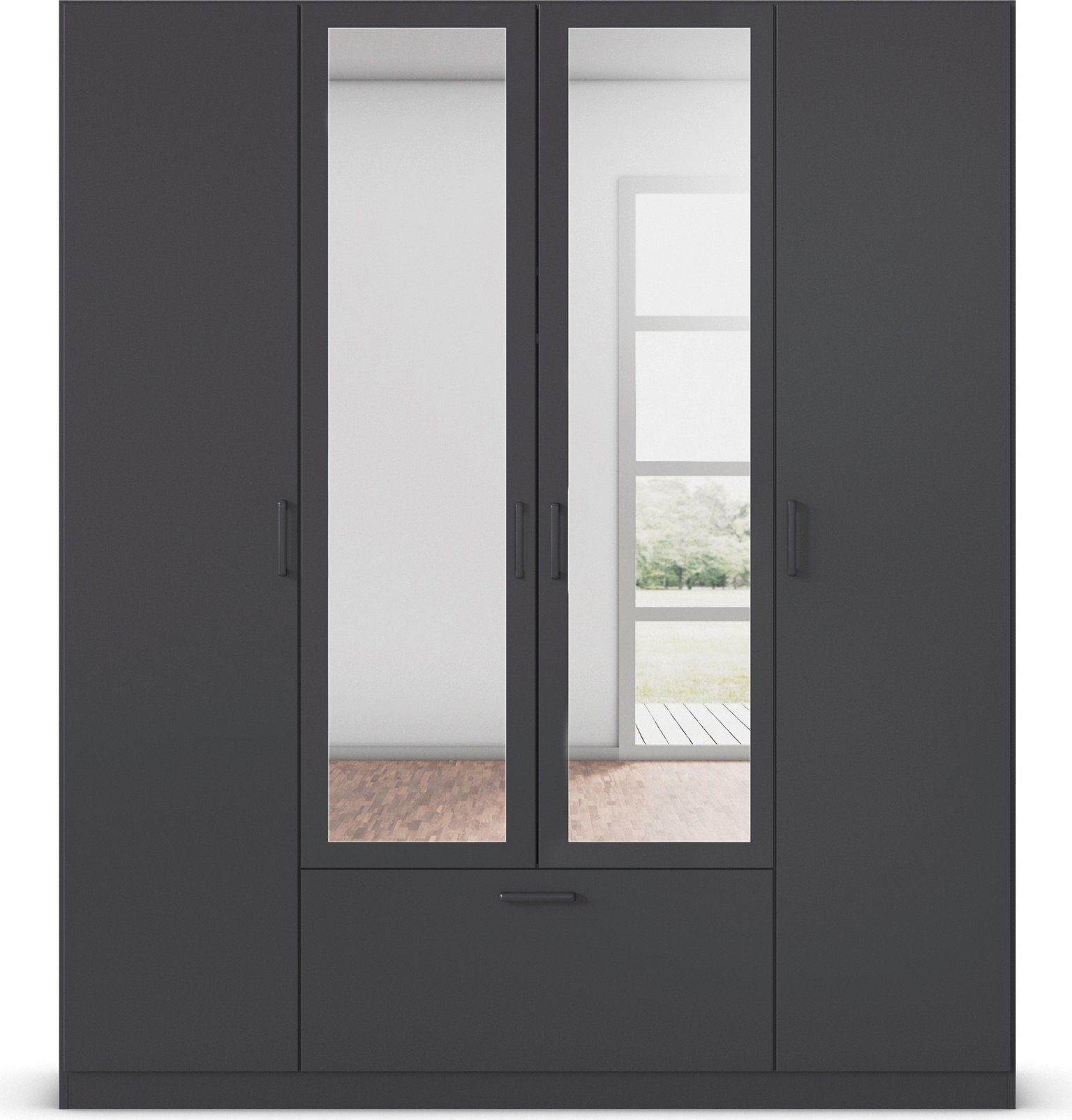 rauch Draaideurkast Kledingkast kast garderobe waskast BARI met spiegel met lades in het midden, moderne greep in grijs metallic made in germany