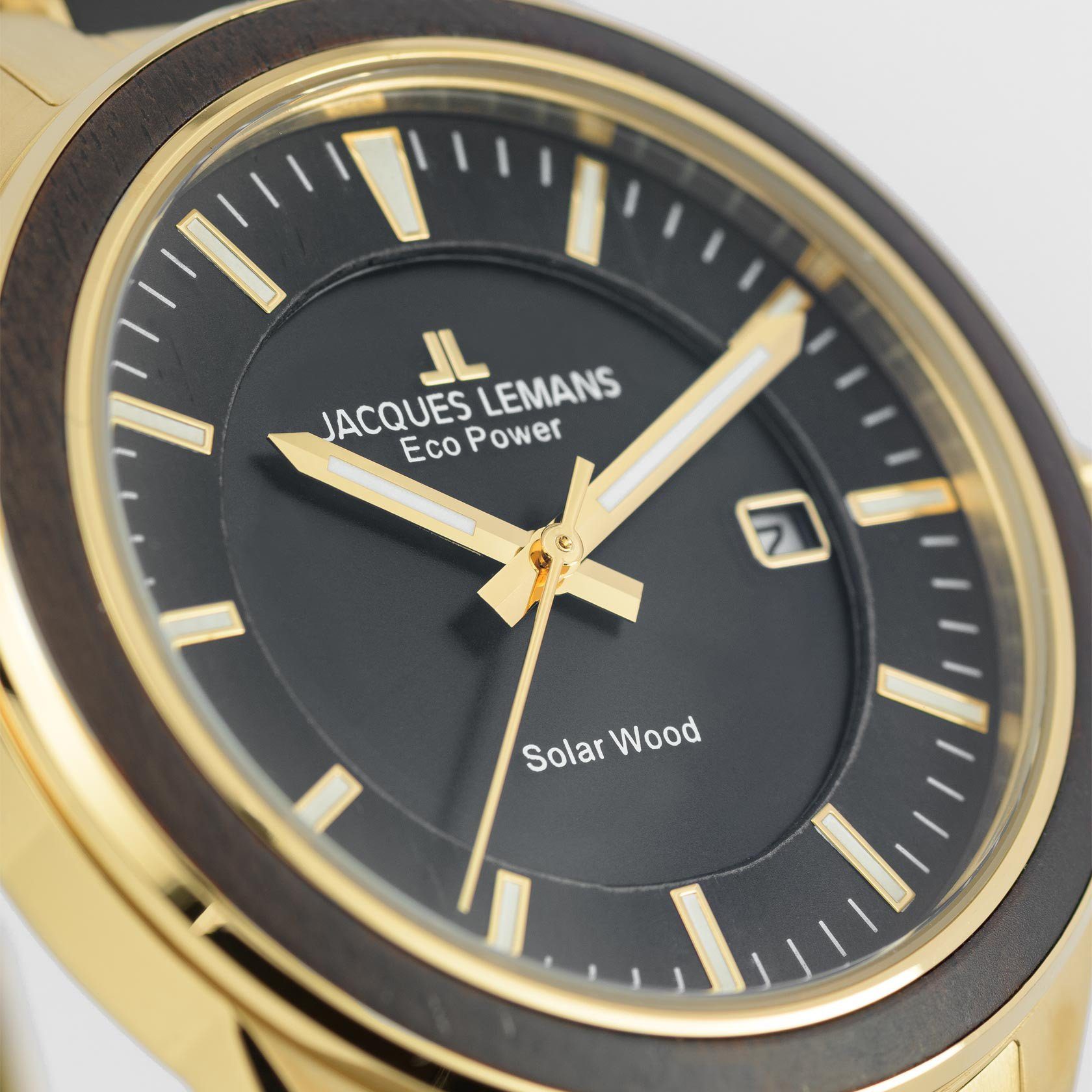 Jacques Lemans Solarhorloge Eco Power Solar Wood, 1-2116J Horloge, herenhorloge, datum, houten wijzerplaat, roestvrijstalen band