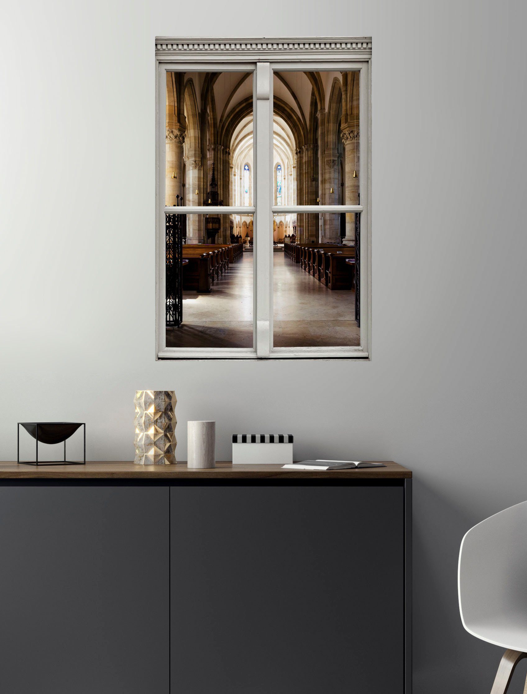 queence Wandfolie Kerk Muursticker, muurdecoratie, zelfklevend, 3D, raam