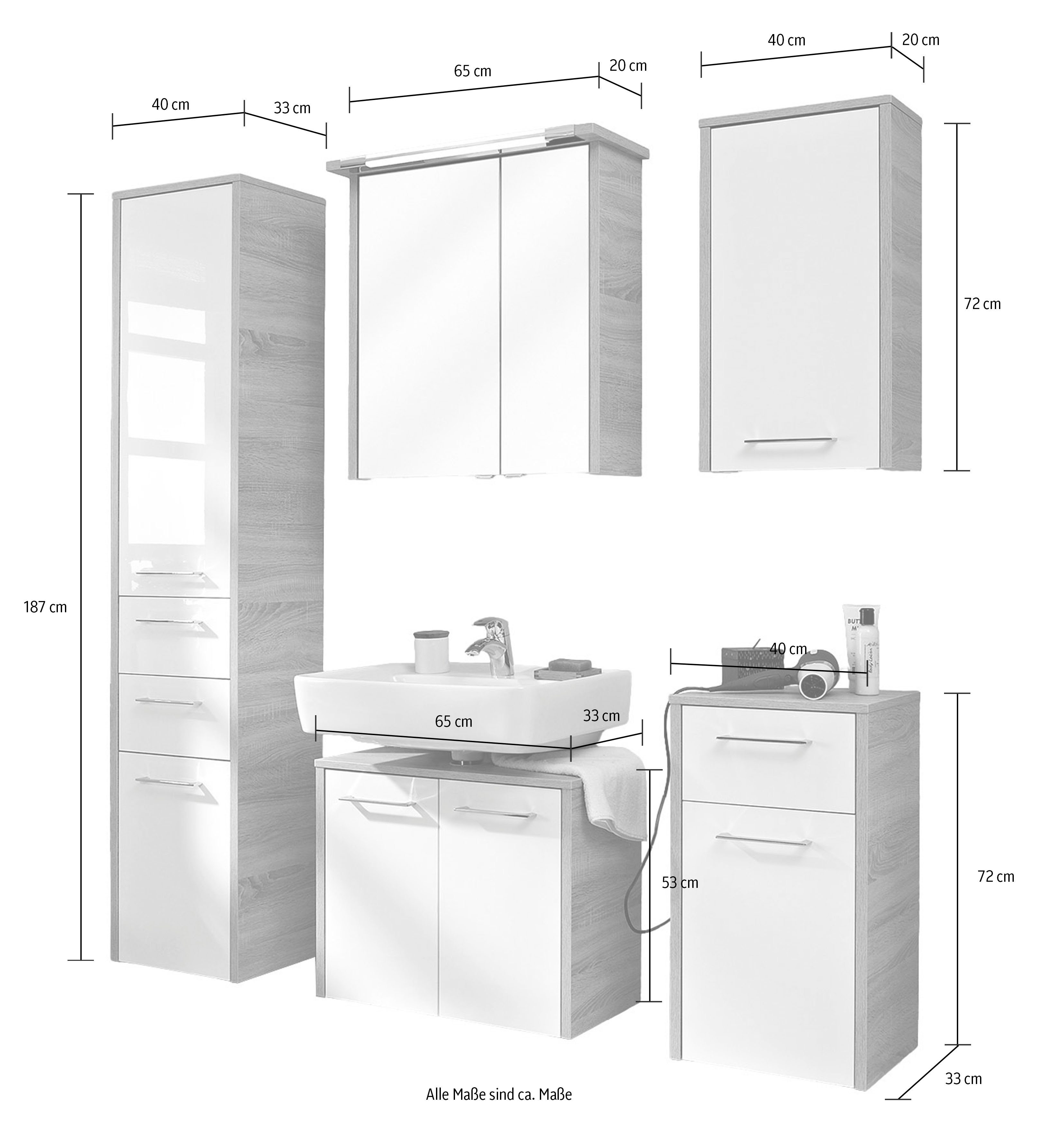 Saphir Badkamerserie Quickset 382 5-delig, wastafelonderkast met led-spiegelkast Hoge kast, onderkast, hangend kastje, inclusief deurdemper, 8 deuren (5-delig)