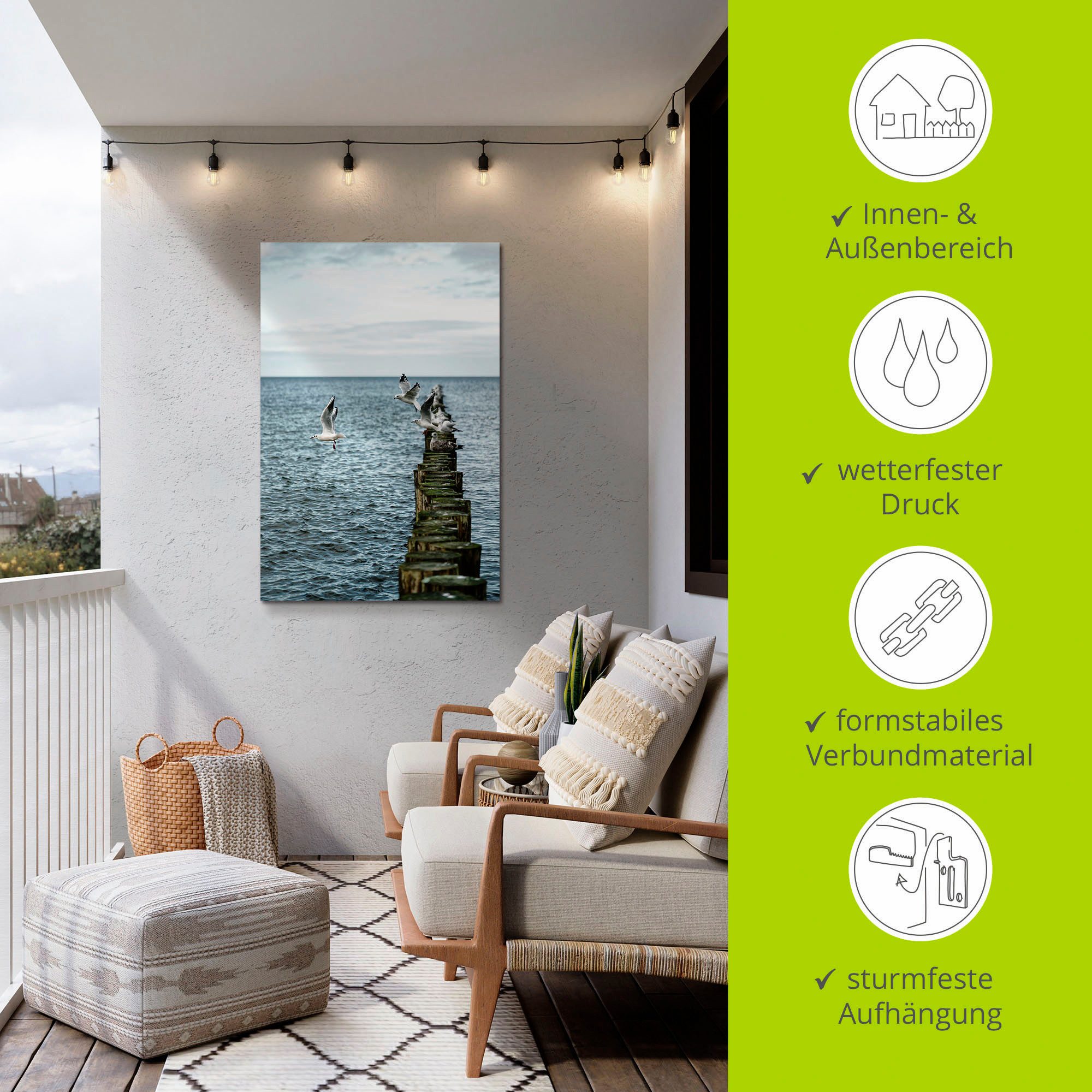 Artland Artprint Möwen starten von einer Buhnenreihe als artprint van aluminium, artprint voor buiten, poster in diverse formaten