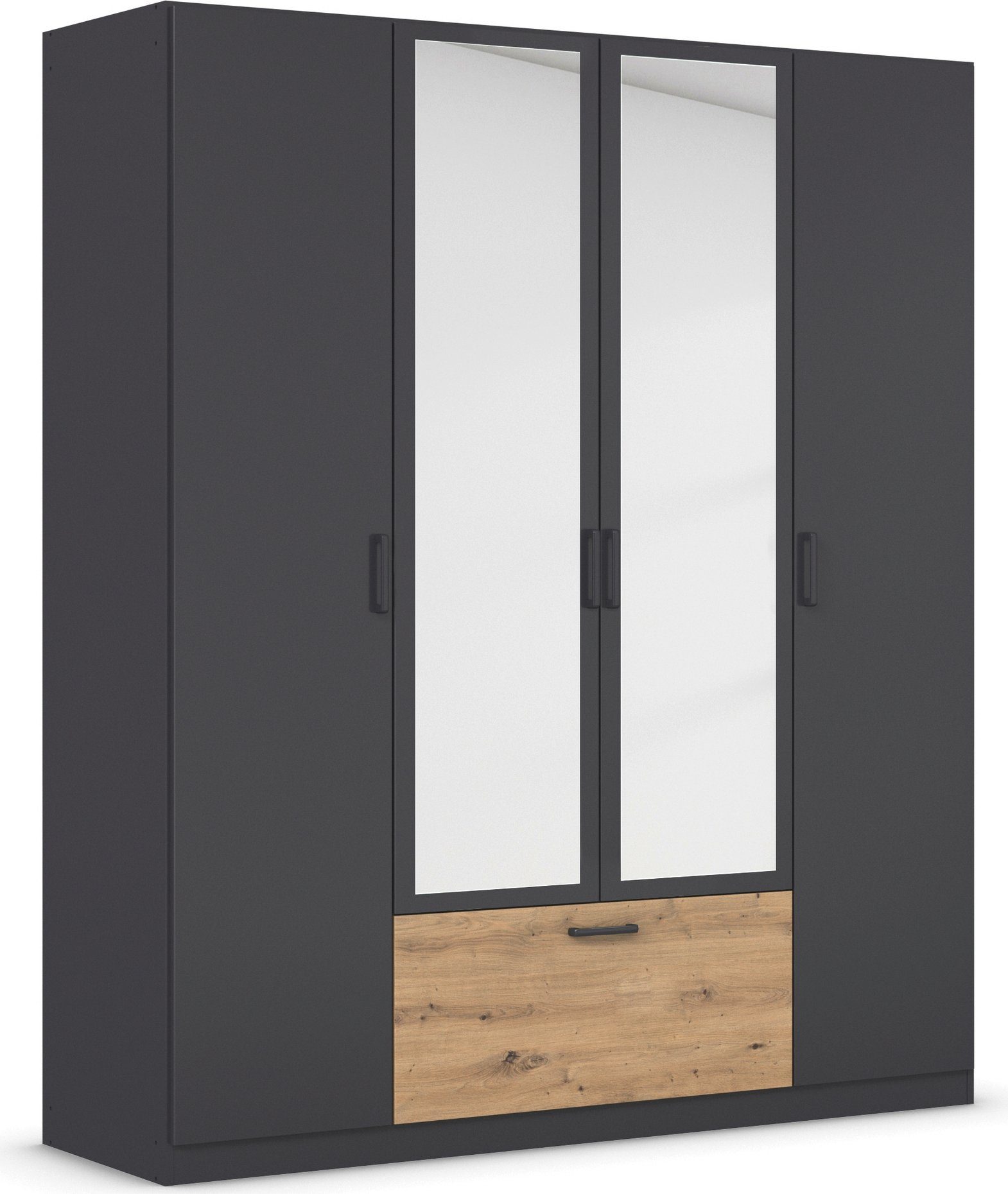 rauch Draaideurkast Kledingkast kast garderobe waskast BARI met spiegel met lades in het midden, moderne greep in grijs metallic made in germany