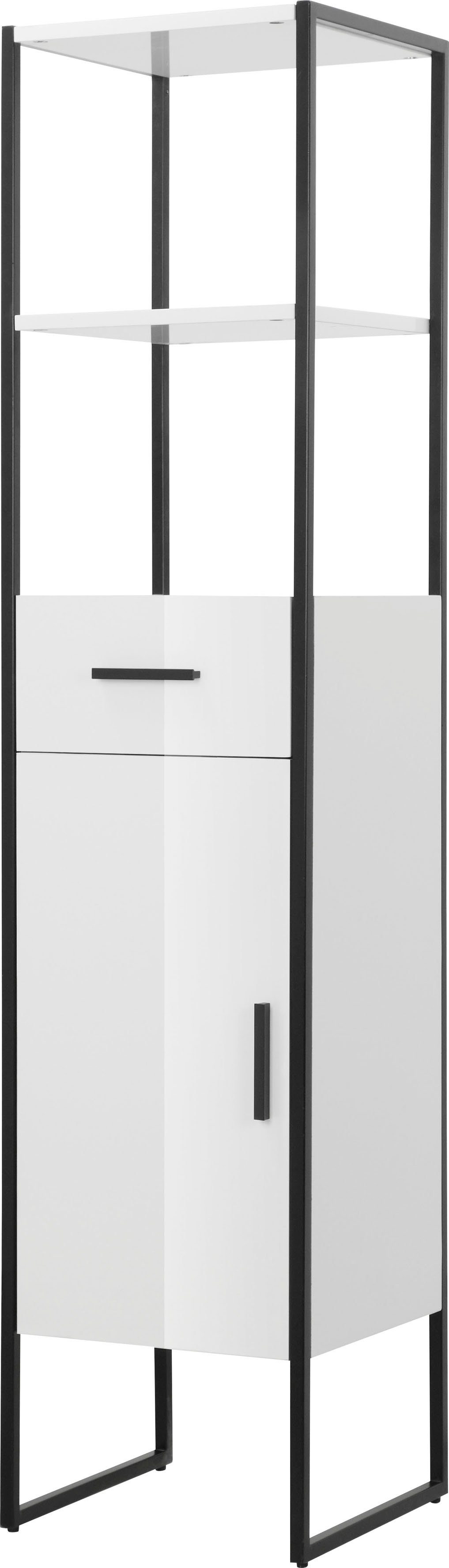 welltime Hoge kast Pisa kast WC bad hoogglans metaal badkamerkast met lade en deur, breedte 35 cm