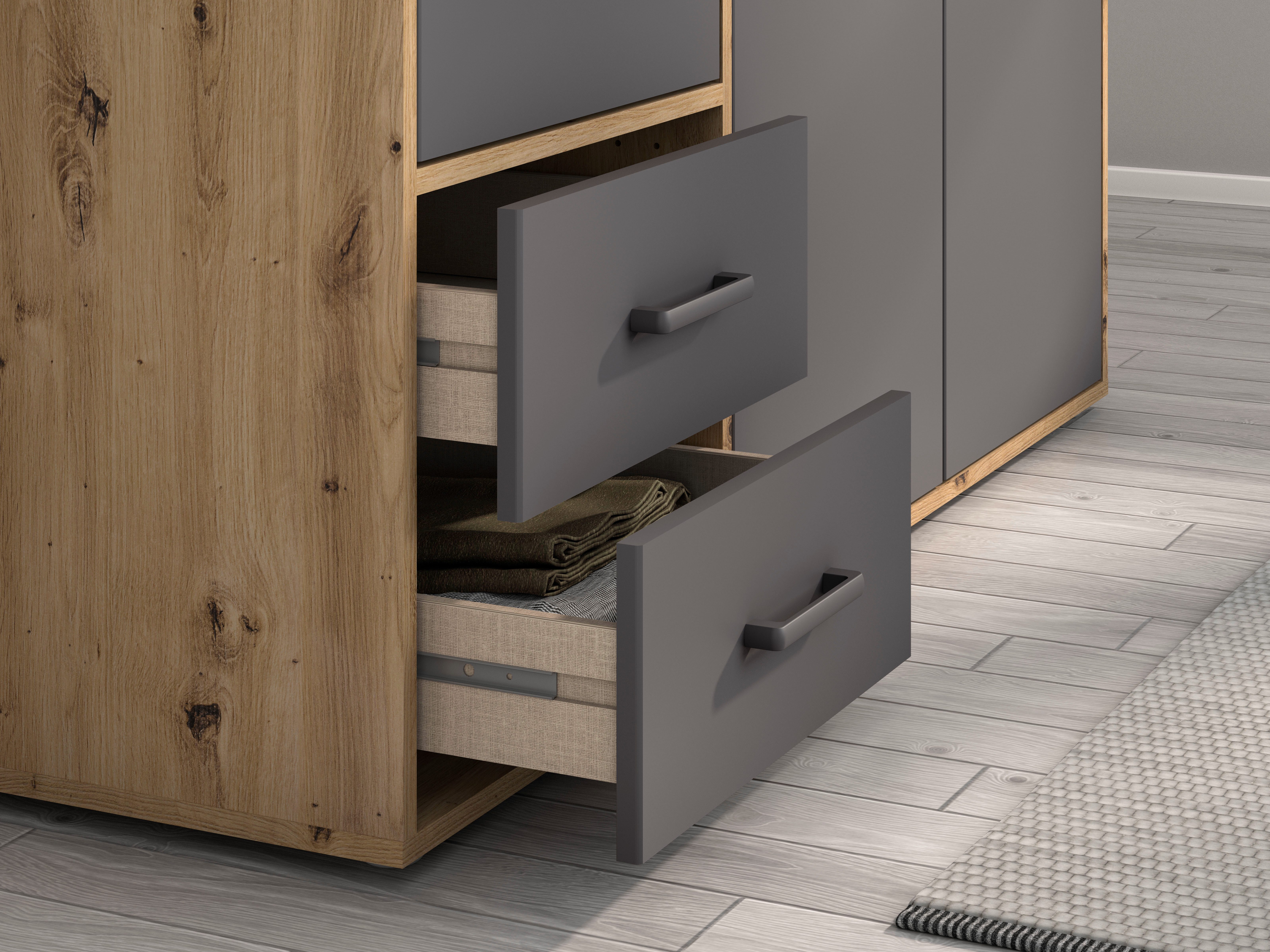 rauch Draaideurkast Kledingkast kast garderobe linnenkast VOYAGER moderne grepen in grijs metallic met buitenlades made in germany