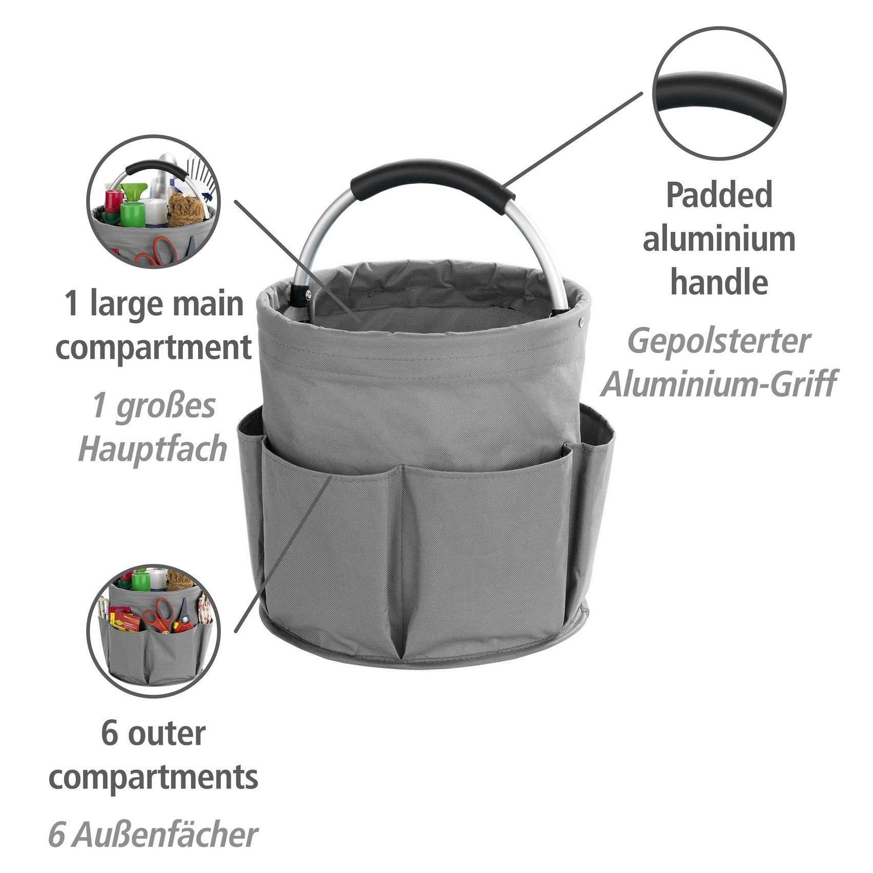 WENKO Organizer Universal-Reinigungs-Caddy Multifunctioneel mand met 6 buitenzakken, ideaal voor huishouden, tuin & kamperen