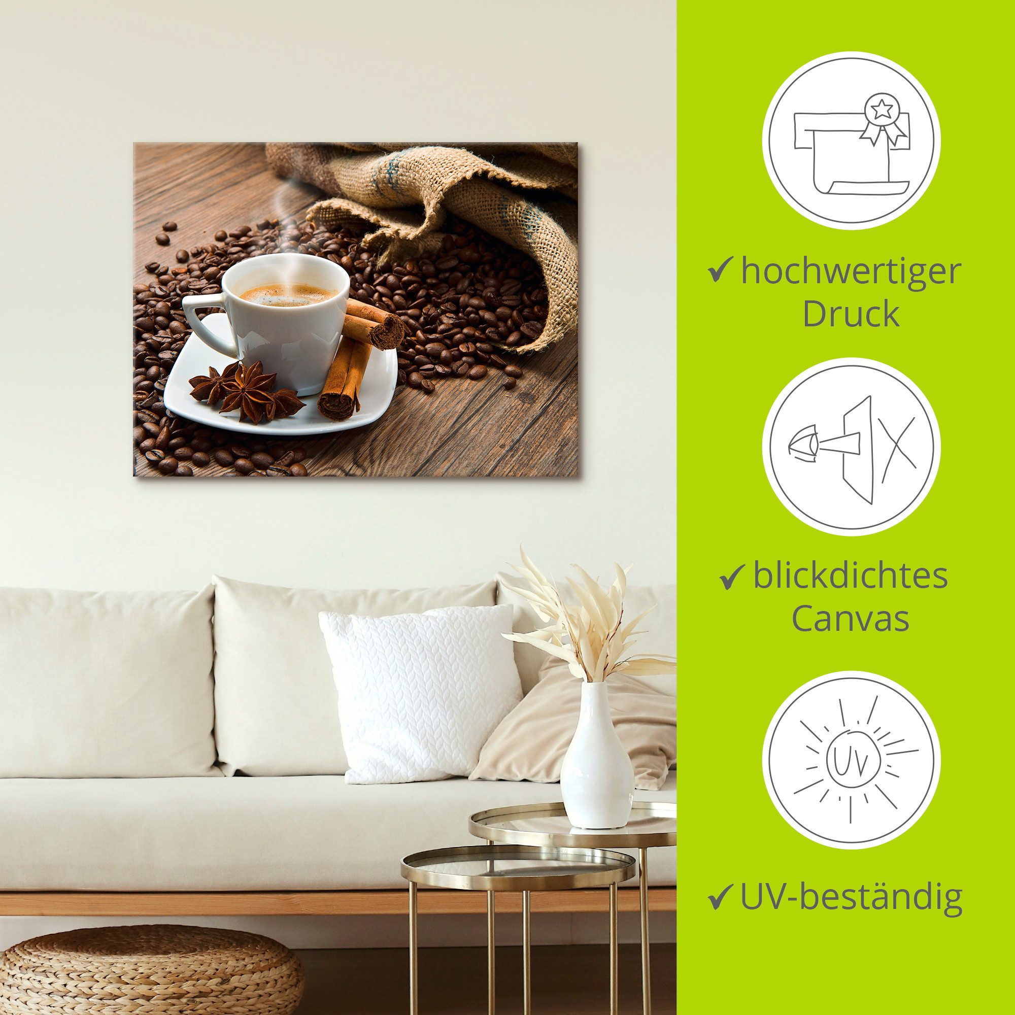 Artland Artprint Koffiekopje linnen zak met koffiebonen als artprint op linnen, poster in verschillende formaten maten