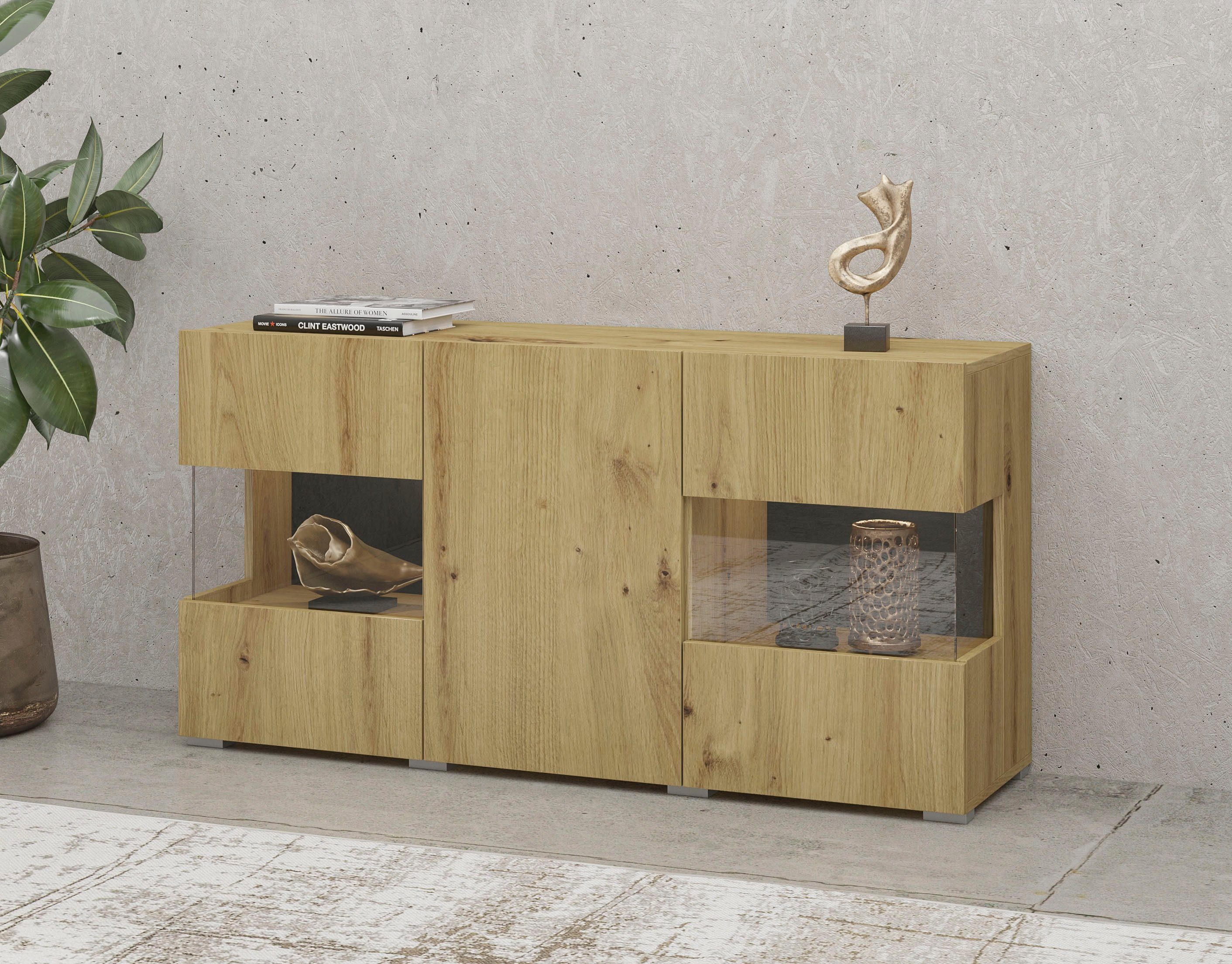 INOSIGN Dressoir Ava, breedte 120 cm, hangend en staand te monteren moderne grepless commode, buffet, 3 deuren, hoekverglasingen dressoirs beige