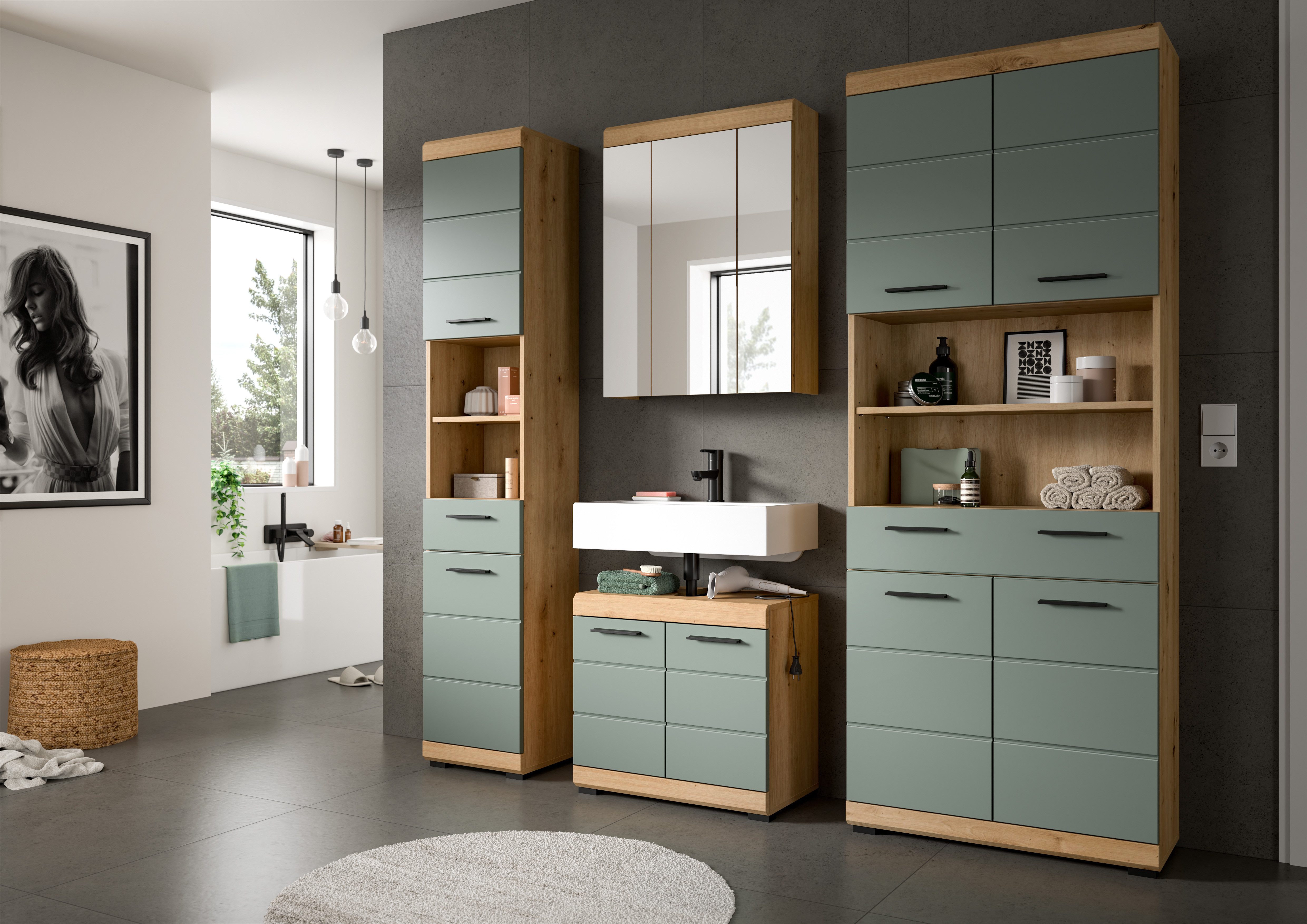 INOSIGN Badkamerserie Siena, 4-delig, bestaande uit: Smalle hoge kast, WBU, spiegelkast, brede hoge kast (set, 4-delig)