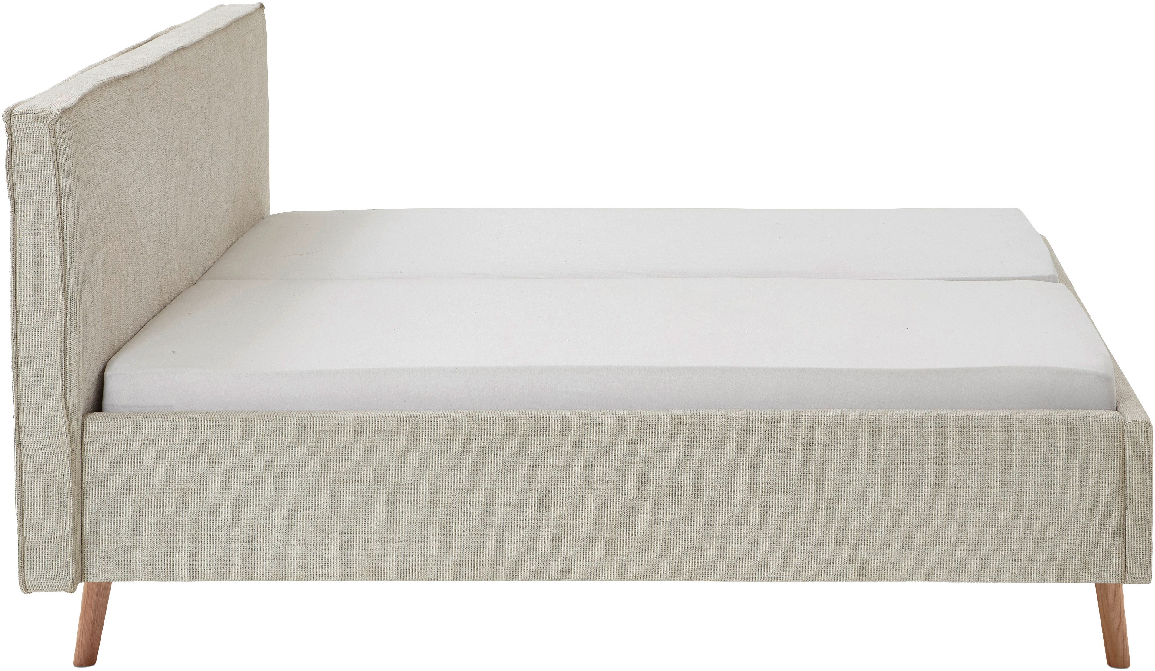 meise.möbel Gestoffeerd bed Riva met eikenkleurige houten poten, naar keuze met bedkist en lattenbodem