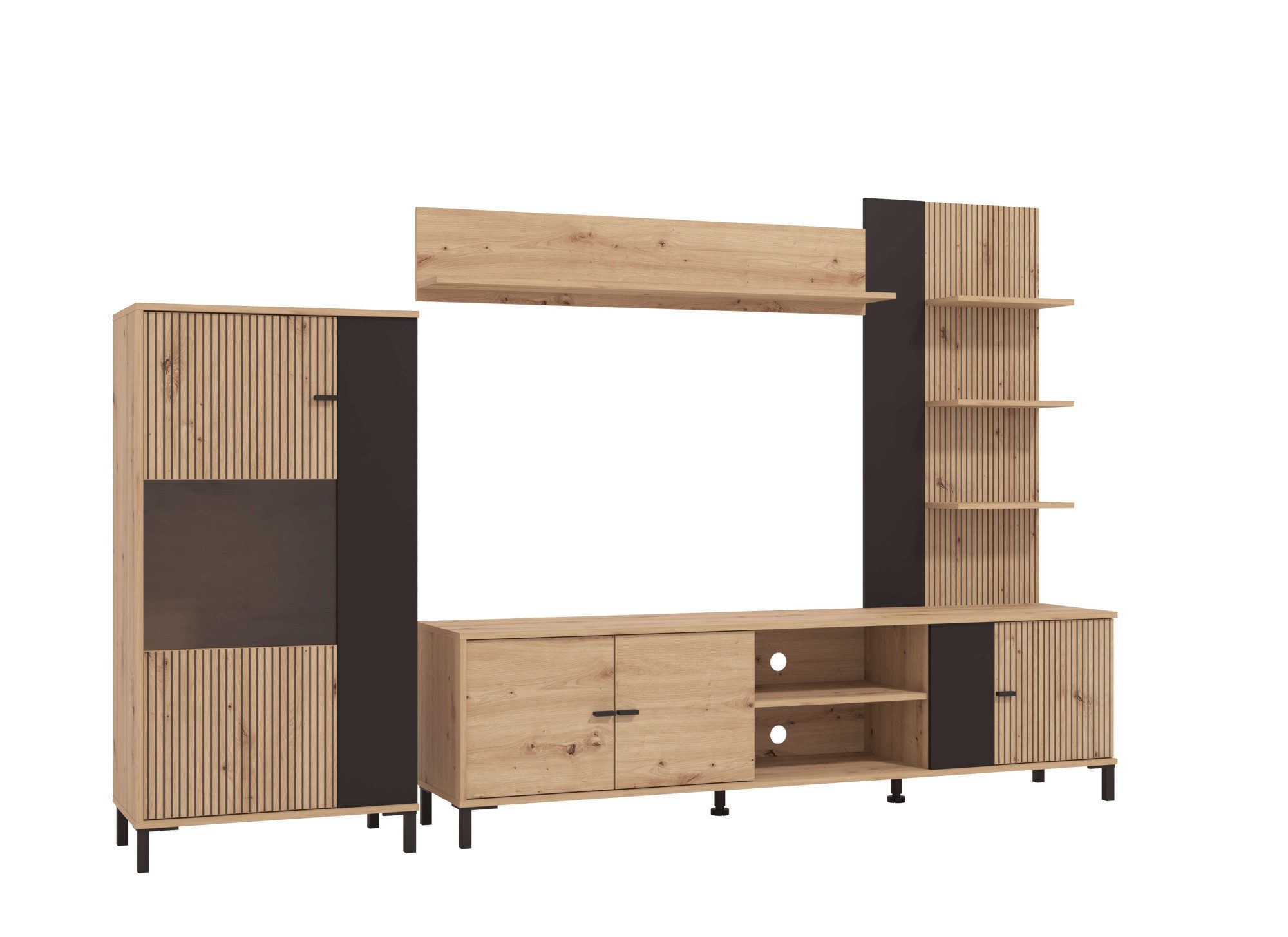 INOSIGN Wandmeubel Avignon, incl. Highboard, TV-meubel, Staande plank en Wandplank 263 cm, trendkleuren, met decoratieve zwarte strepen, tv tot 58' (complete set, 4-delig)