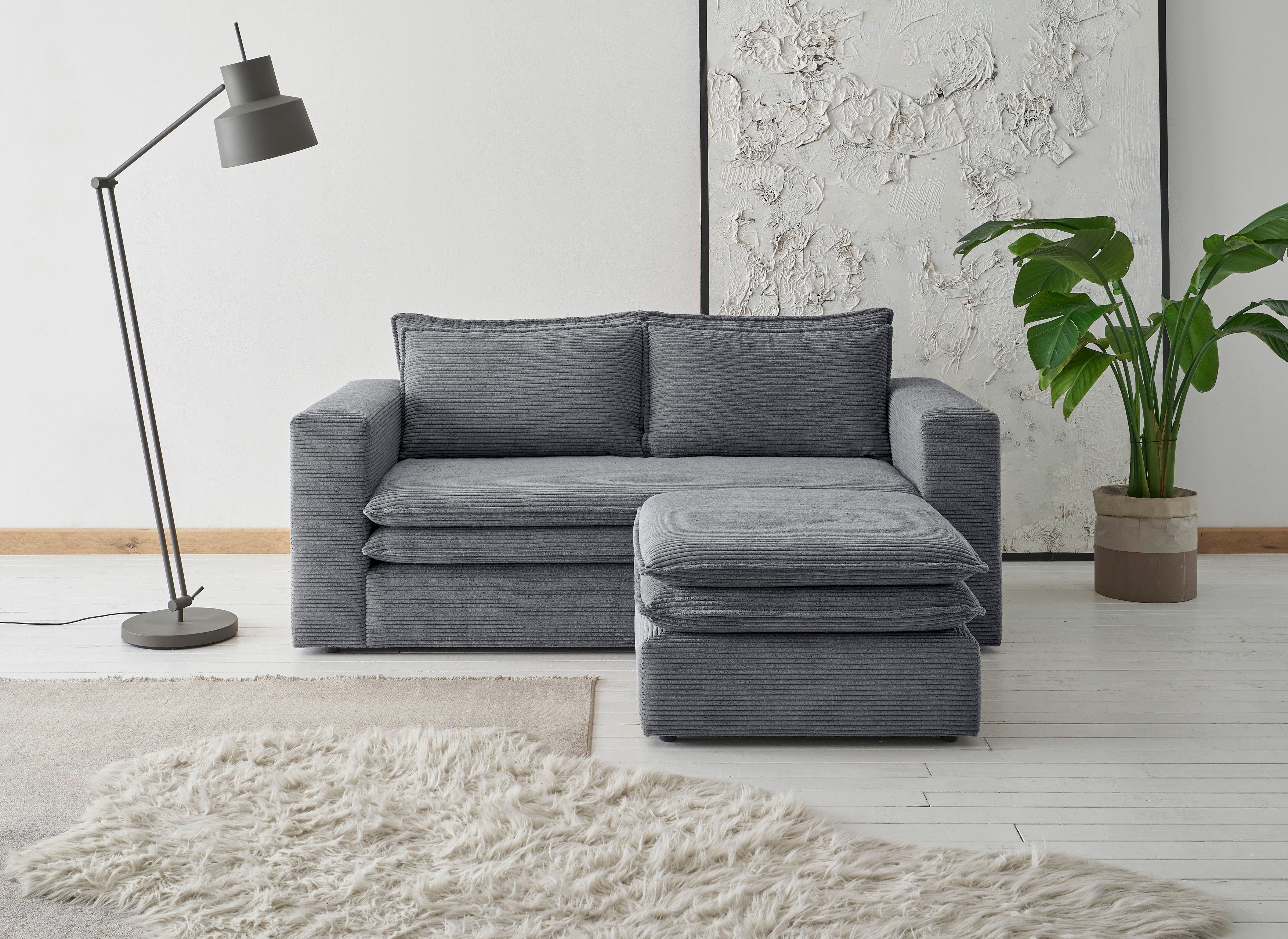 Places of Style Zithoek PIAGGE 2-zitsbank en hocker klein als set (2-delig) grijs, zithoeken