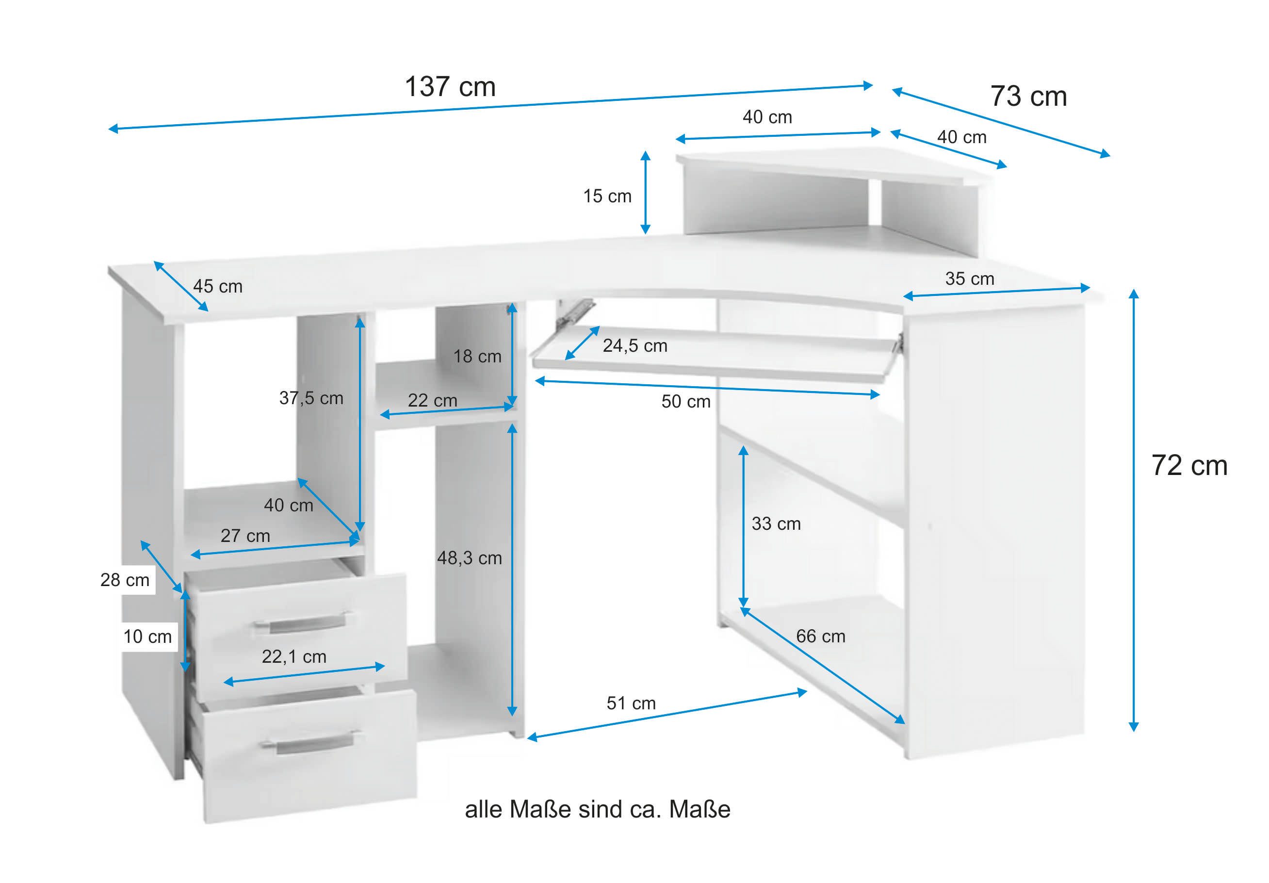 VOGL Möbelfabrik Bureau Sam Breedte 137 cm, met uittrekplank voor het toetsenbord en towervak