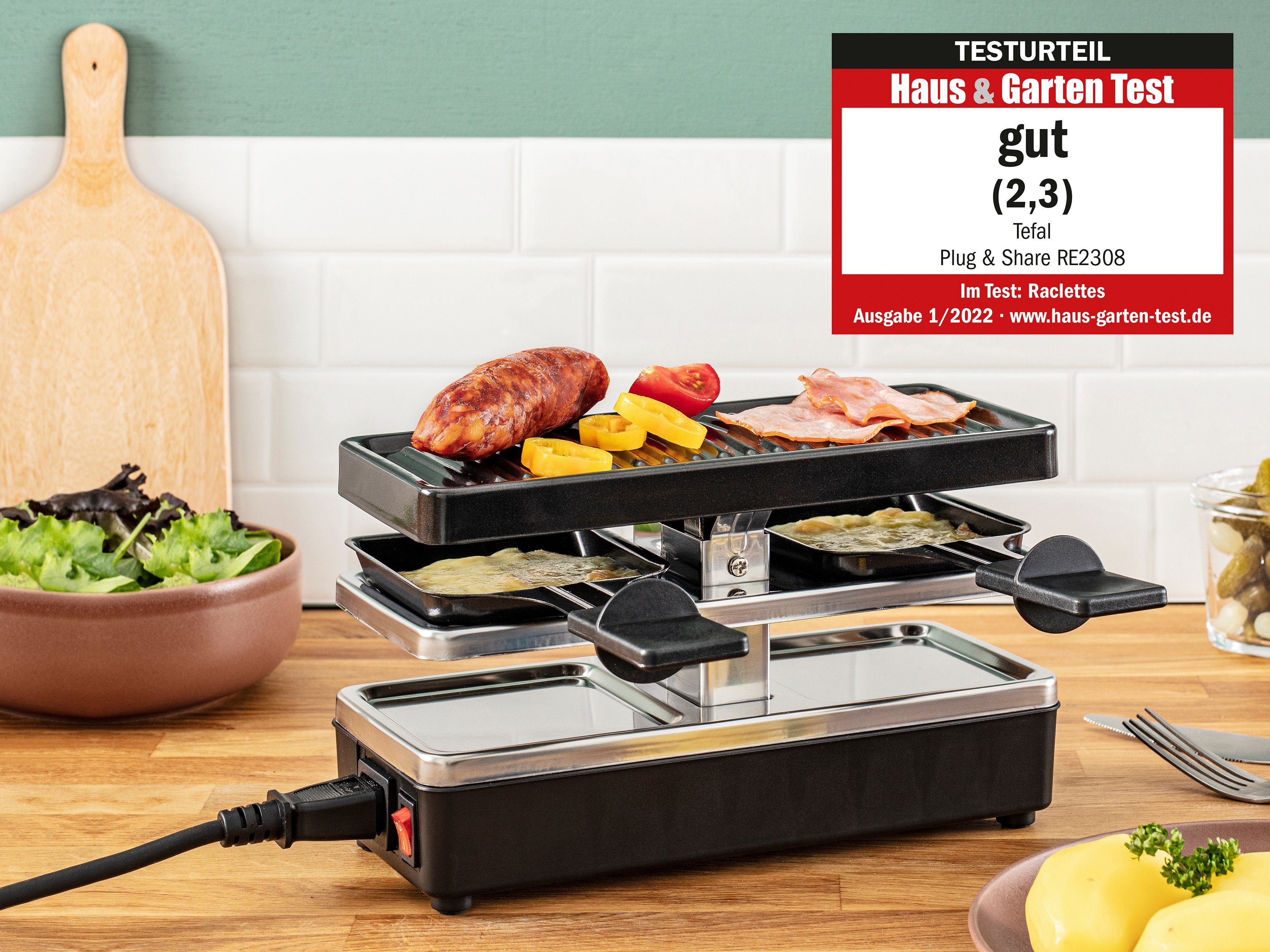 Tefal Raclette Plug & Share, für 2 Personen, 400 Watt, Antihaftbeschichtung, 2 pannetjes + grillplaat, uit te breiden tot 5 apparaten, afneembare kabel