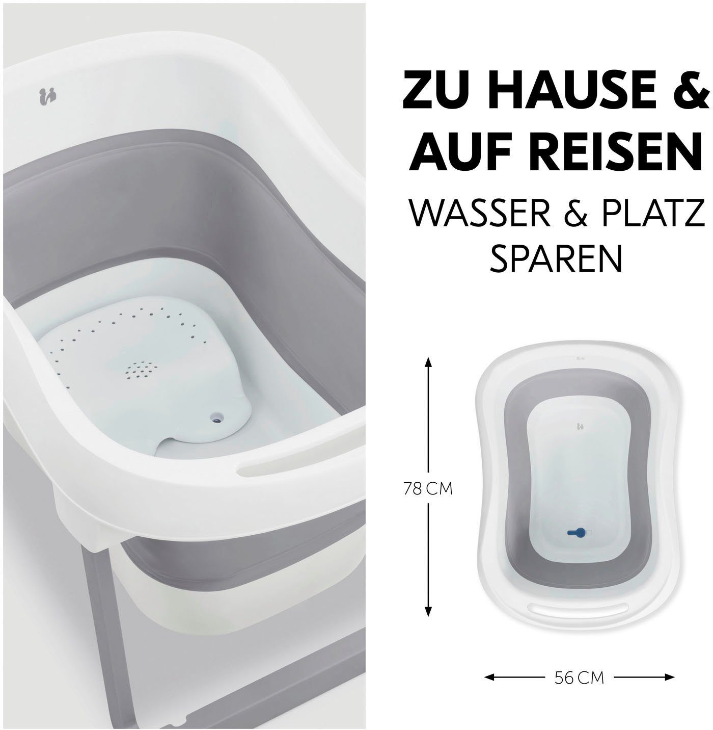 Hauck Babybadje Wash N Fold L, White/Stone Vouwbad met watertemperatuurmeting aan de afvoerstop