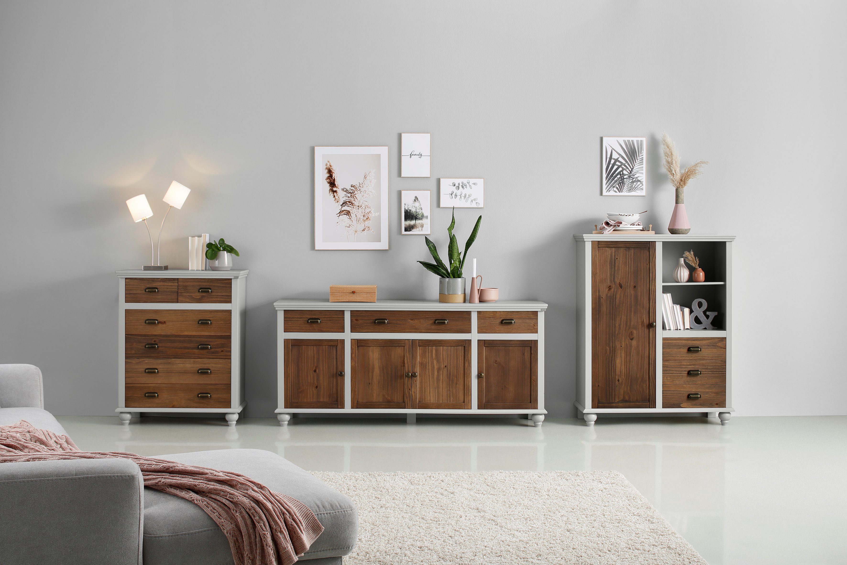Home affaire Hoge kast Borey met 1 deur en 3 laden van massief hout, hoogte 125 cm, breedte 100 cm