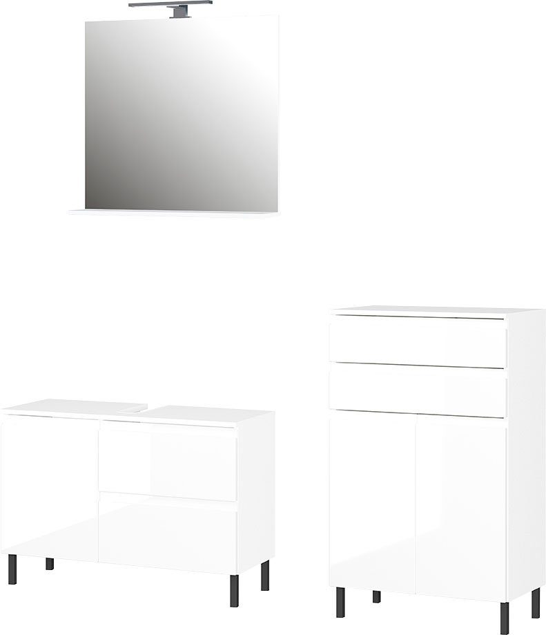 GERMANIA Badkamerserie Scantic spiegel, wastafelonderkast, badkamerkast, inclusief verlichting, greeploze look, mdf-fronten (set, 3 stuks)