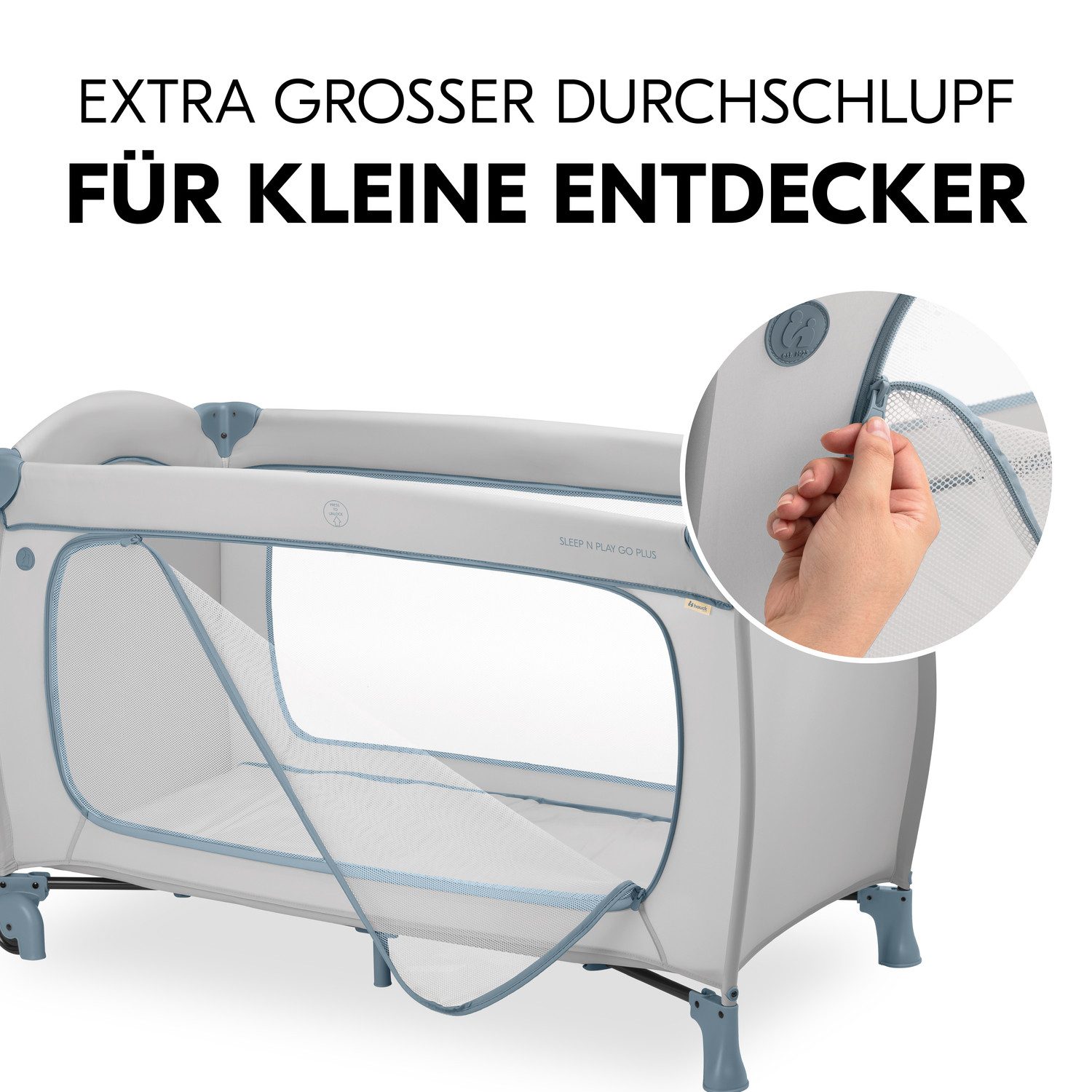Hauck Baby-campingbed Sleep N Play Go Plus, Dusty Blue met geïntegreerde wielen, voorinstap