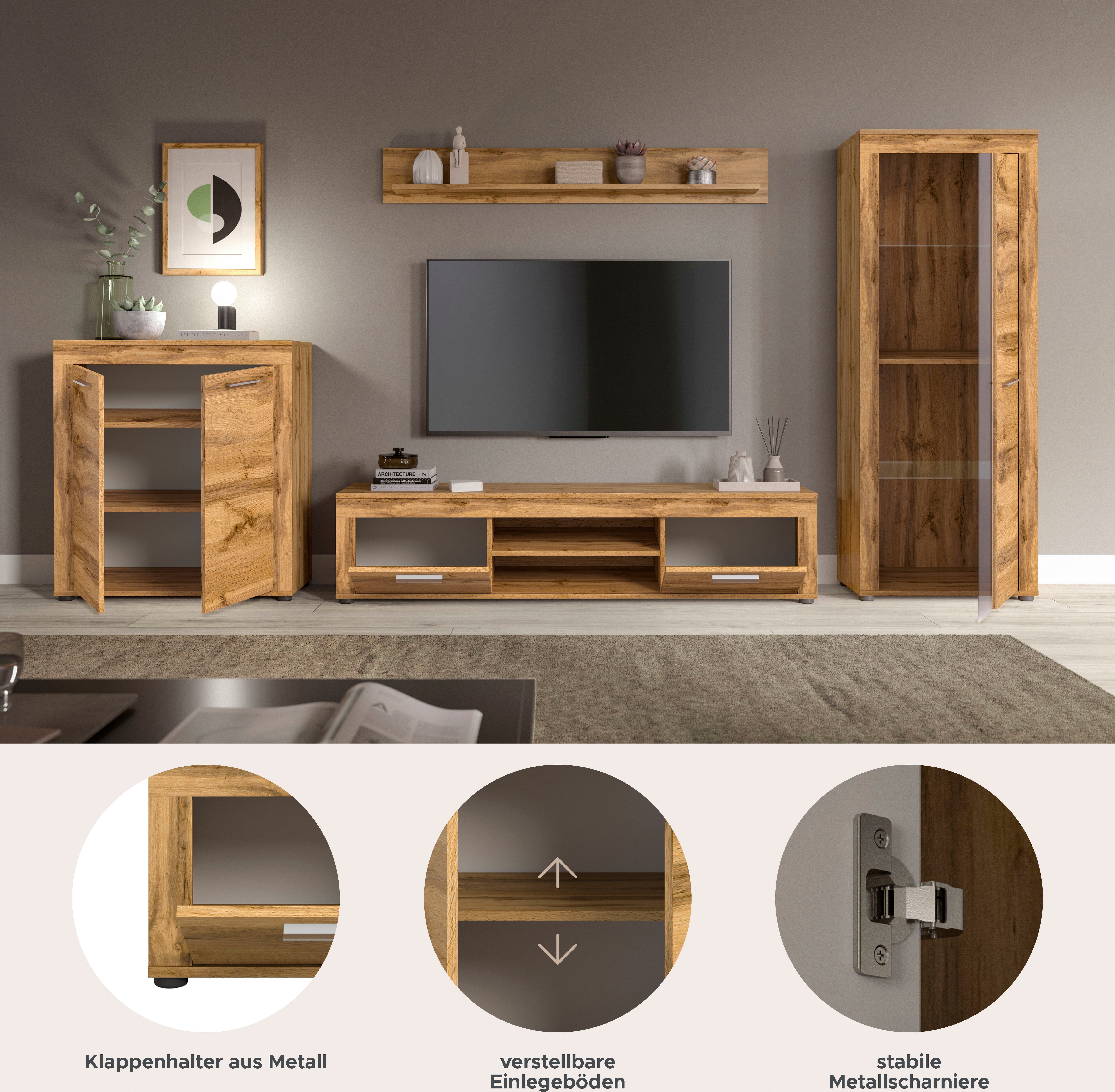 INOSIGN Wandmeubel Aosta, Breedte 330cm, bestaand uit Highboard, Lowboard, Wandplank, Vitrine (4-delig)