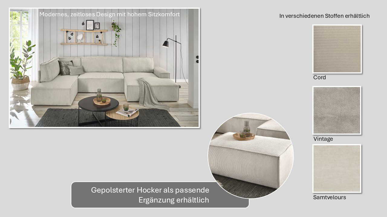 Home affaire Zithoek SHERWOOD 329 cm, U-vorm, slaapbank, Slaapfunctie met bedkist (194x139 cm), cord, vintage, fluweel