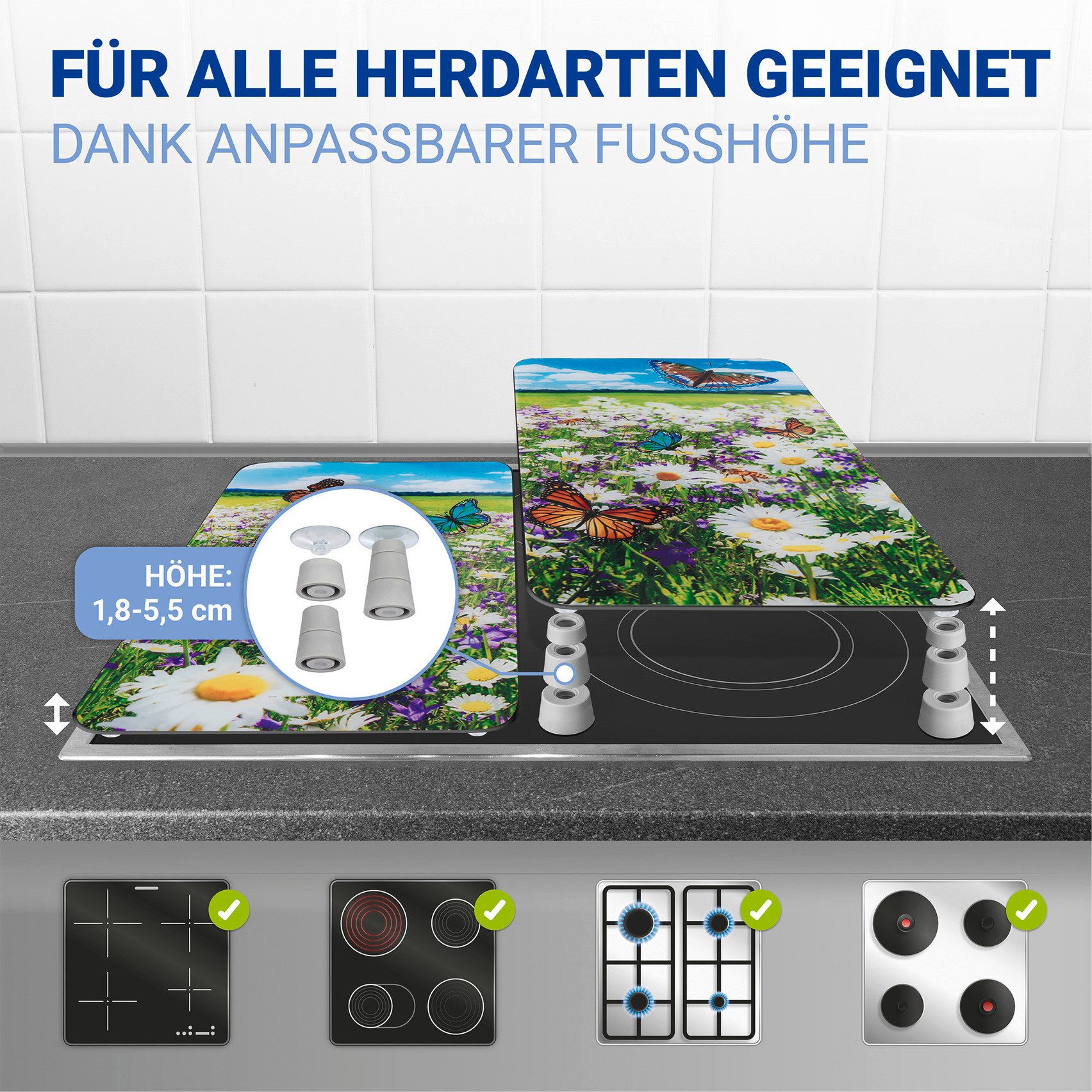WENKO Kookplaatdeksel Universeel Model Zomerweide Kookplaatafdekking voor alle soorten kookplaten, krasvast, met antislipvoetjes (set, 2-delig)