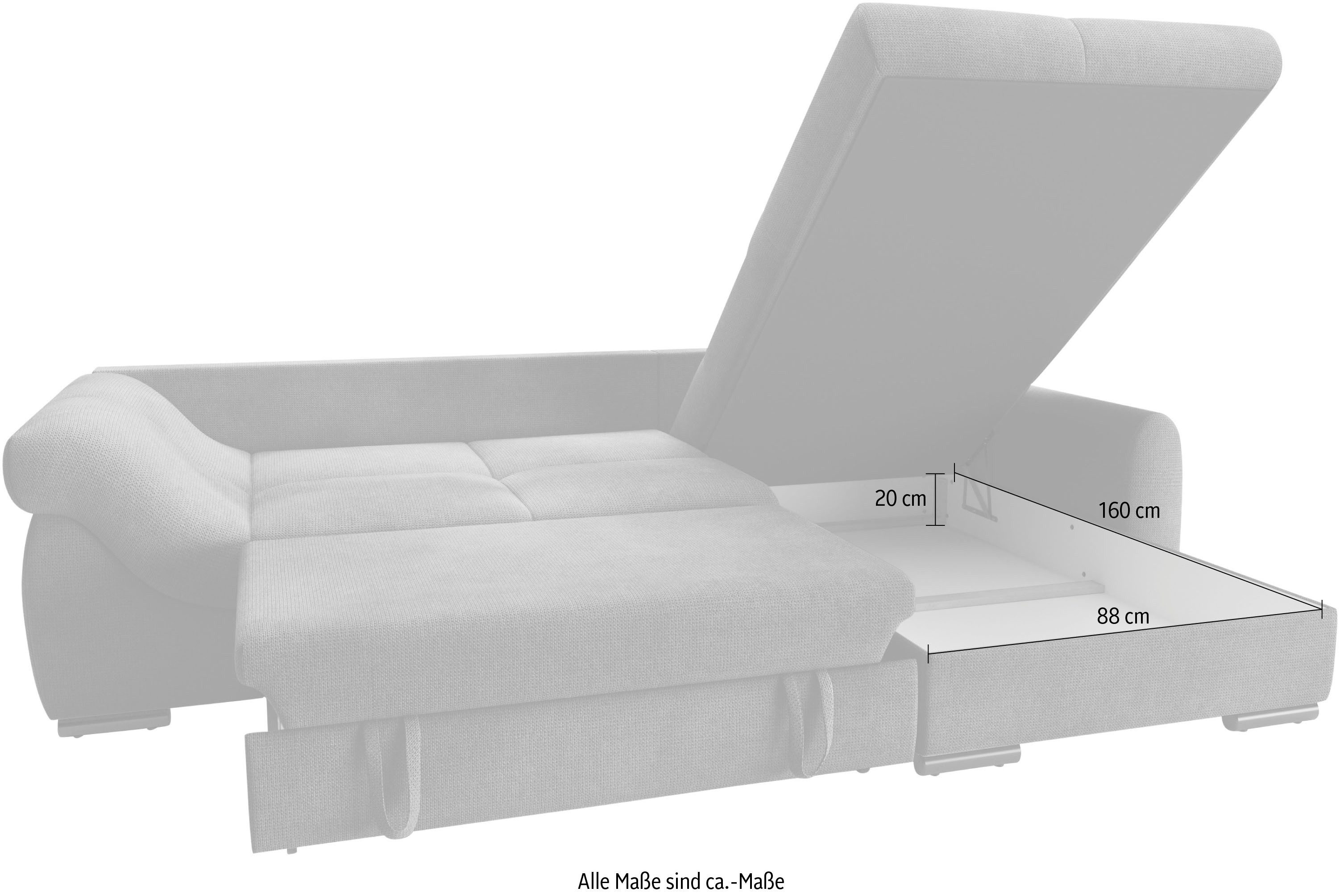 Mr. Couch Hoekbank Livorno DuraFlex L-vorm incl. hoogslaper beduitbreiding, xl bedbox wit gecoat