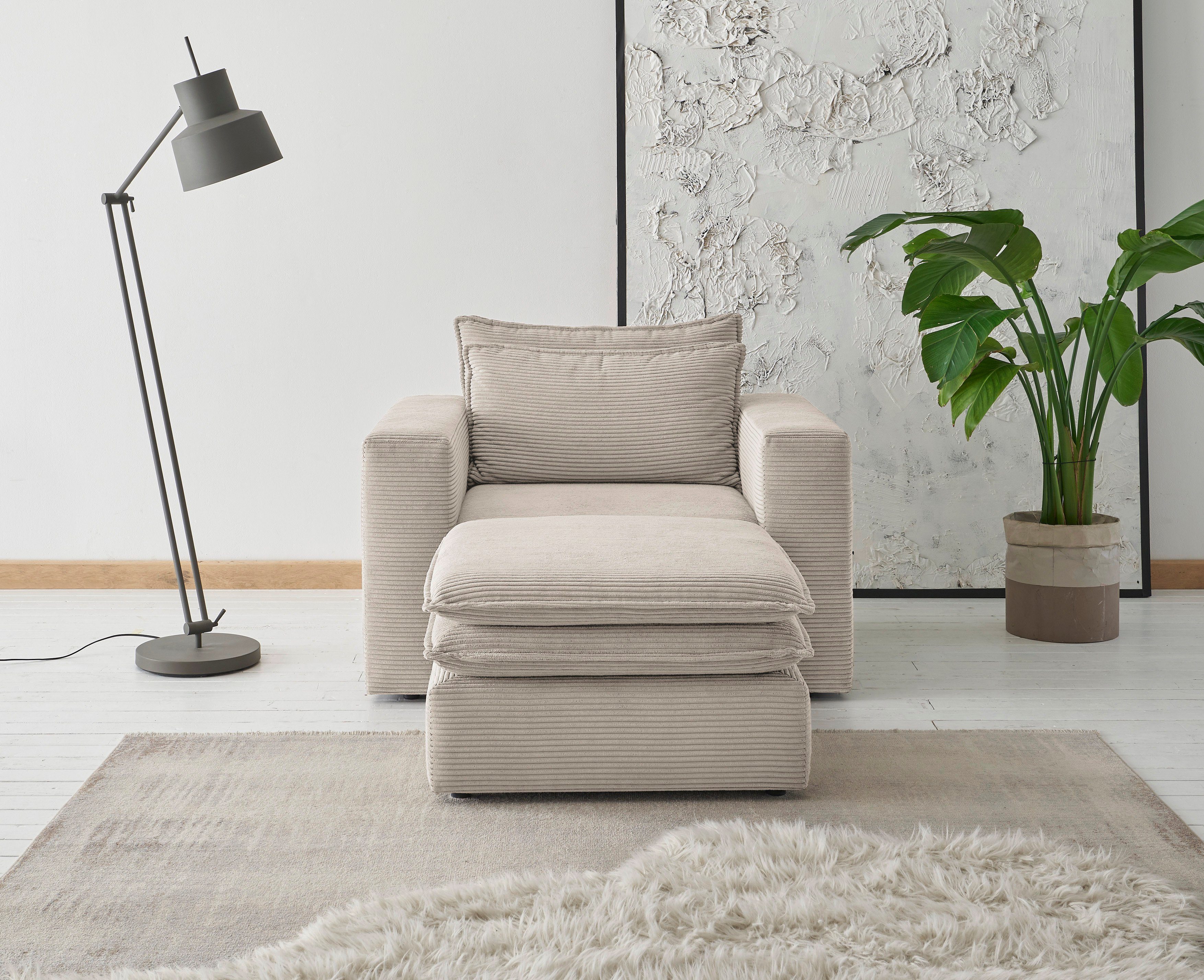Places of Style Zithoek PIAGGE Hoogwaardige cord, fauteuil en hocker klein als set (2-delig) beige, zithoeken