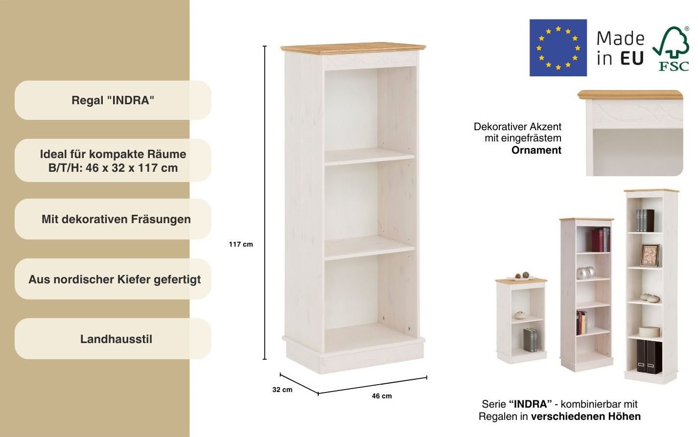 Home affaire Boekenkast Indra van massief dennenhout, in verschillende hoogtes, met fsc®